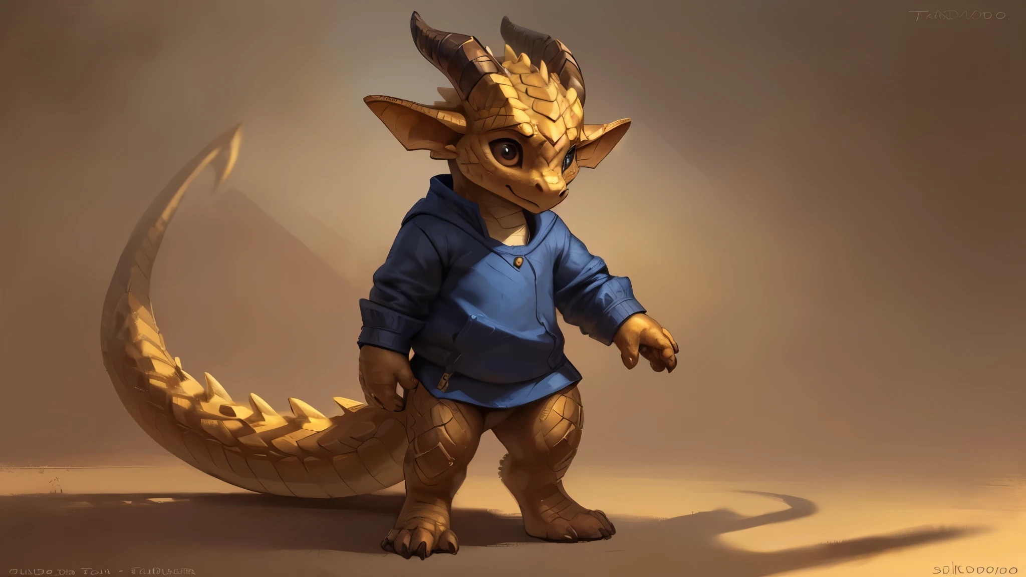 (by Skidoo), (by Taran Fiddler), solo, young, cub, young anthro, small, cute, toddler, short legs, short, golden scales, small horns, big eyes, cute eyes, cute nose, (An anthro dragon toddler with gold scales standing, wearing simple clothes that are too big for him.)
