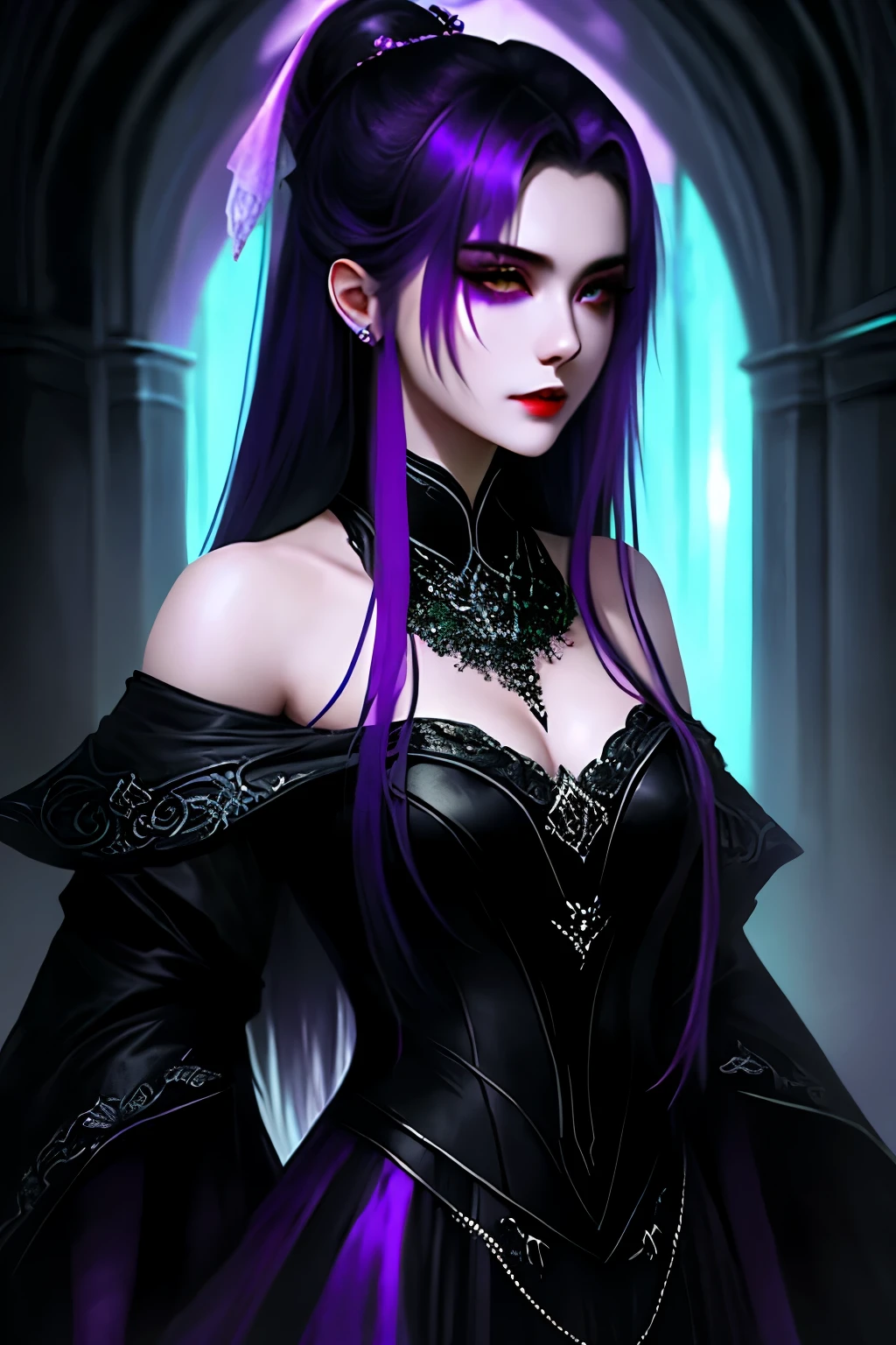 In the heart of the night, a captivating vampire girl stands before you, her short shoulder-length hair adorned with a vibrant purple streak. Her mesmerizing eyes, filled with an otherworldly green hue, pierce through the darkness. With a tantalizing smirk, she reveals her sharp canines as she holds a delicate chalice filled with freshly drawn blood. Her porcelain skin is a stark contrast to the deep shadows that surround her, adding an enigmatic allure to her ethereal beauty. Her attire is a blend of darkness and style, accentuating her seductive figure.