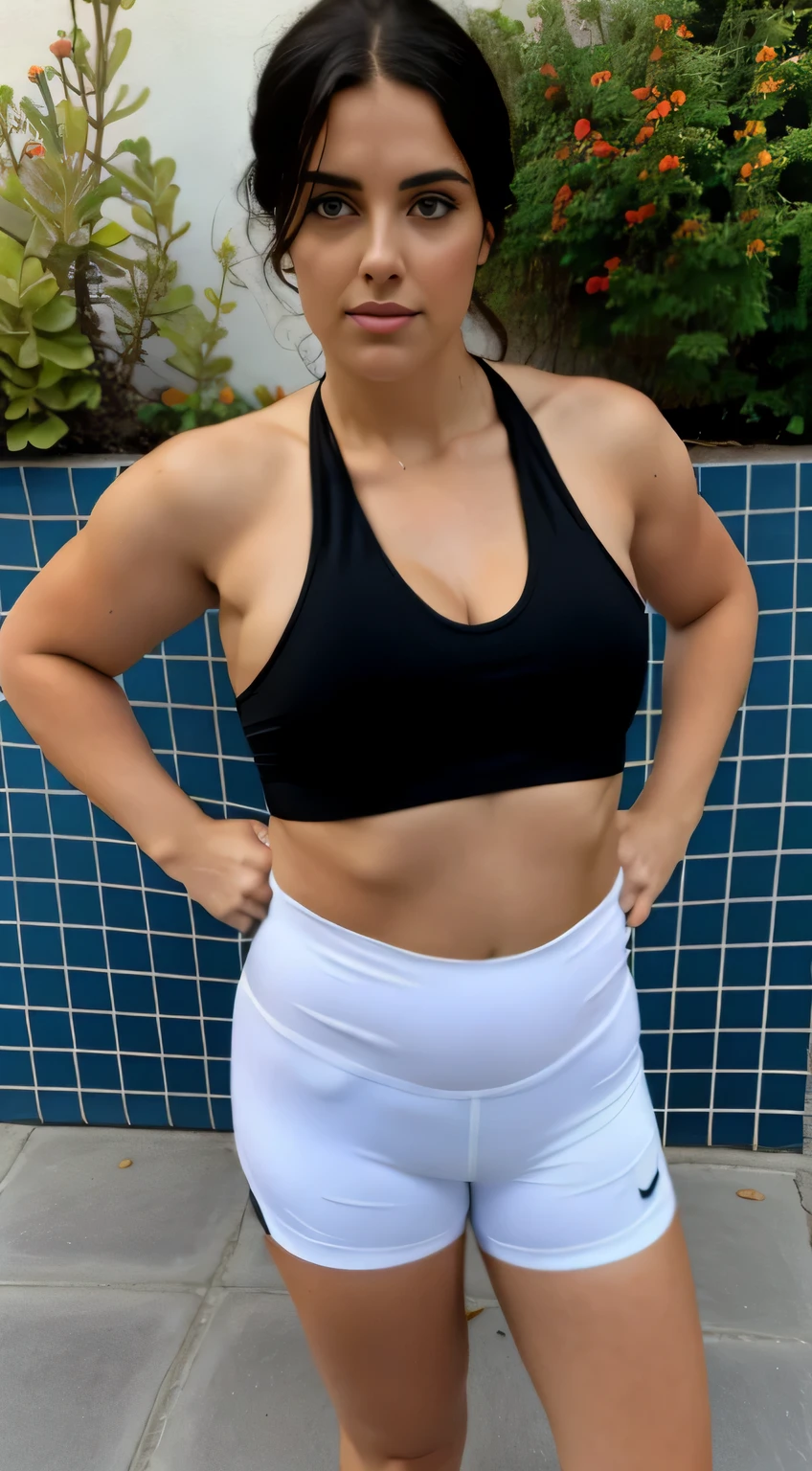 woman in a black sports bra and white shorts standing on the sidewalk, upper torso included, sport bra, halter top, training bra, corte de meio corpo, roupas abertas no peito, sports bra and shorts, fechar foto de meio corpo, usando um top cropped sexy, esportes bem, sport bra and shirt, usando top curto, halter top, black halter top