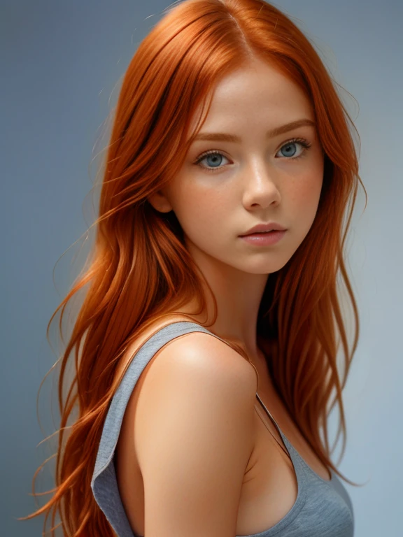 (masterpiece, best quality:1.2), ((1 girl, solo)), irish, slim, beautiful redhead, long ginger hair, ((face and shoulder portrait)), (standing), plain gray background, masterpiece, HD high quality, 8K ultra high definition, ultra definition,