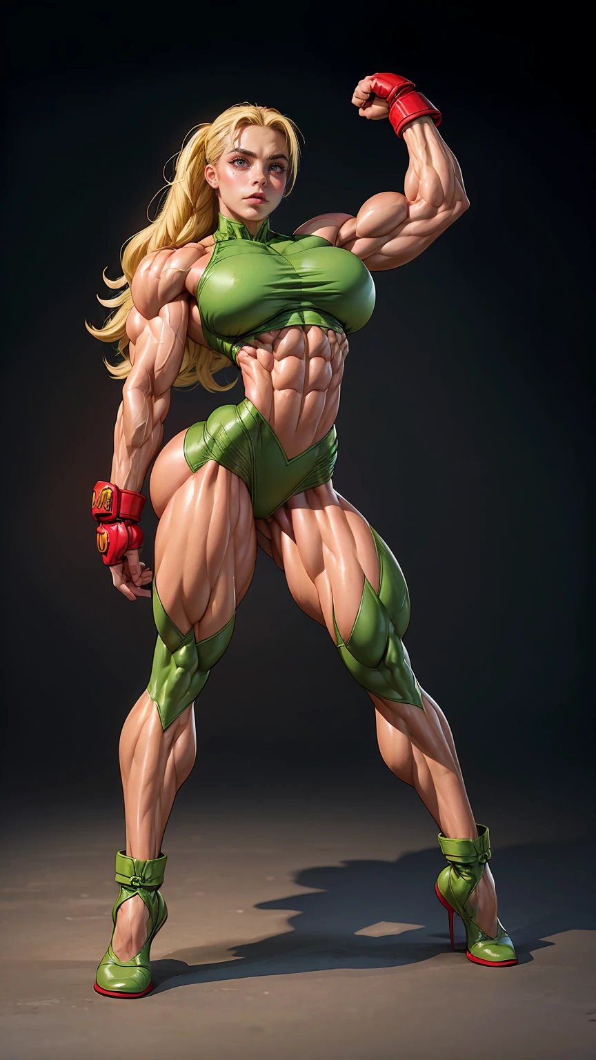 (1 girl), (cammy from street fighter), young girl, muscular feminine physique, seductive face, seductive look, long blonde hair, perfect muscular body, super skinny legs, (swollen bulging pecs:1.15), (combat ready pose), (huge muscular arms:1.15), 