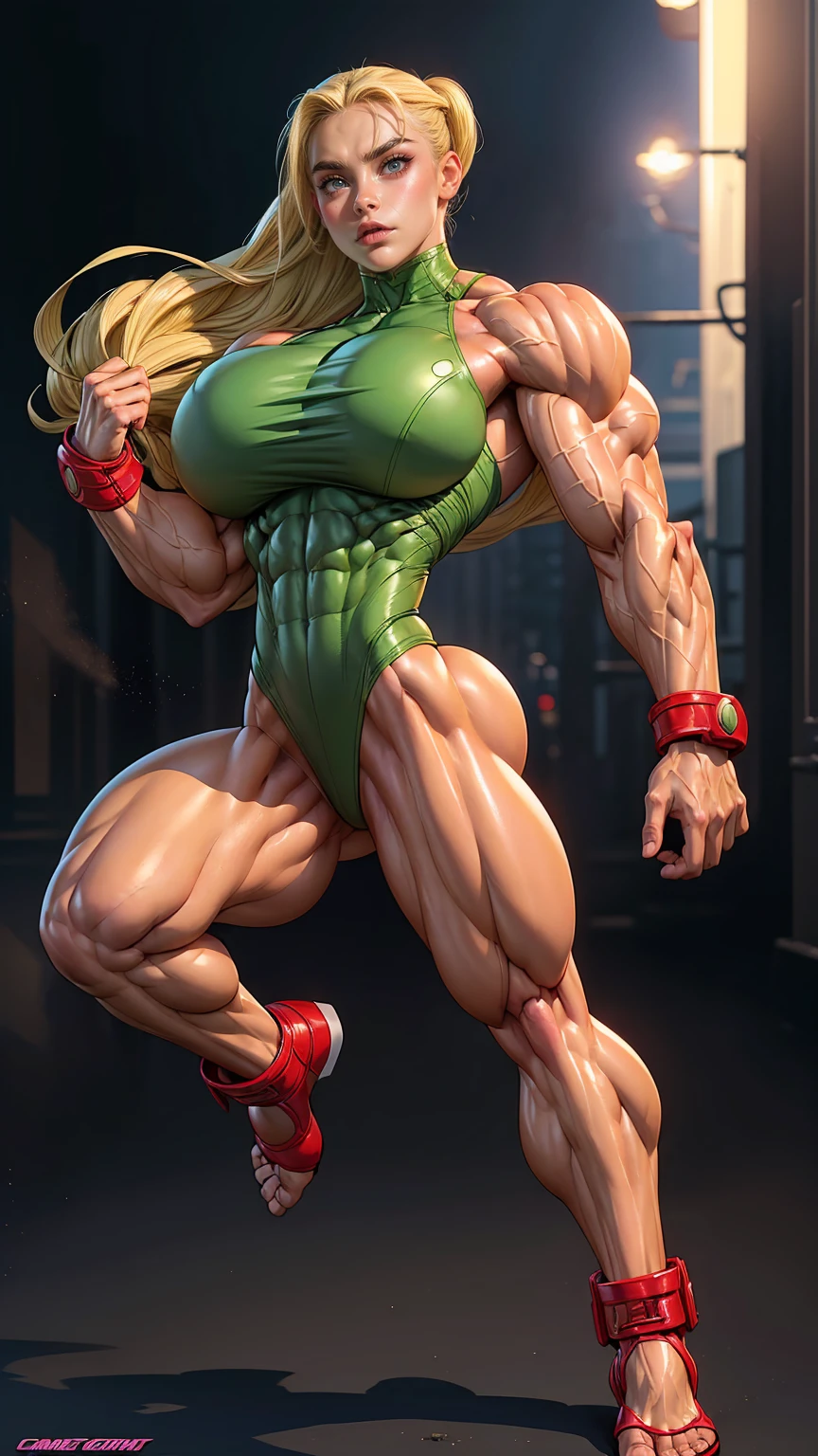 (1 girl), (cammy from street fighter), young girl, muscular feminine physique, seductive face, seductive look, long blonde hair, perfect muscular body, super skinny legs, (swollen bulging pecs:1.15), (combat ready pose), (huge muscular arms:1.15), 