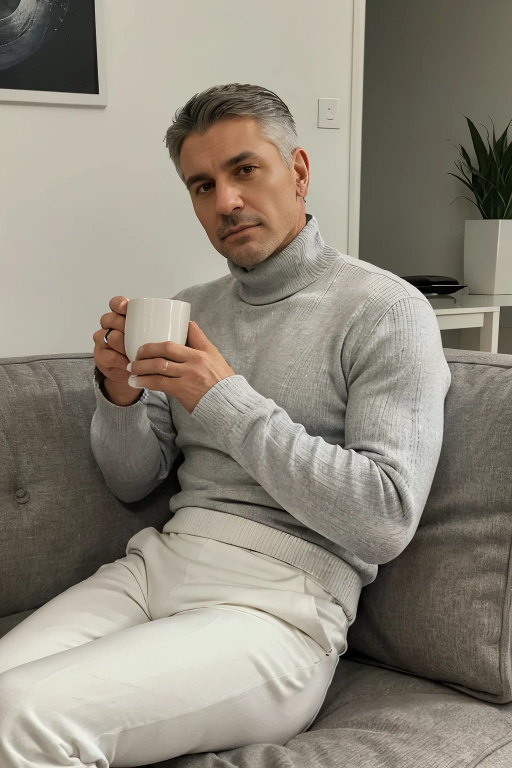 Can you create a charismatic male character who looks like a 43 year old, white turtleneck sweater, black pants, handsome, sporty, slightly gray-haired, short-haired Turk, sitting on the sofa at home, cross-legged, with a cup of tea in his hand?