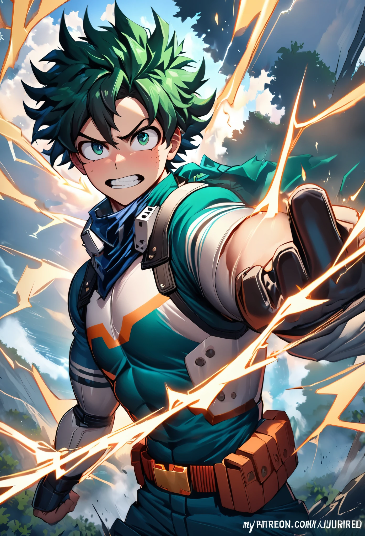 1 boy, male focus, Izuku Midoriya, my hero academia, Injuried, electricity,, masterpiece, best quality, very aesthetic, Ridiculous