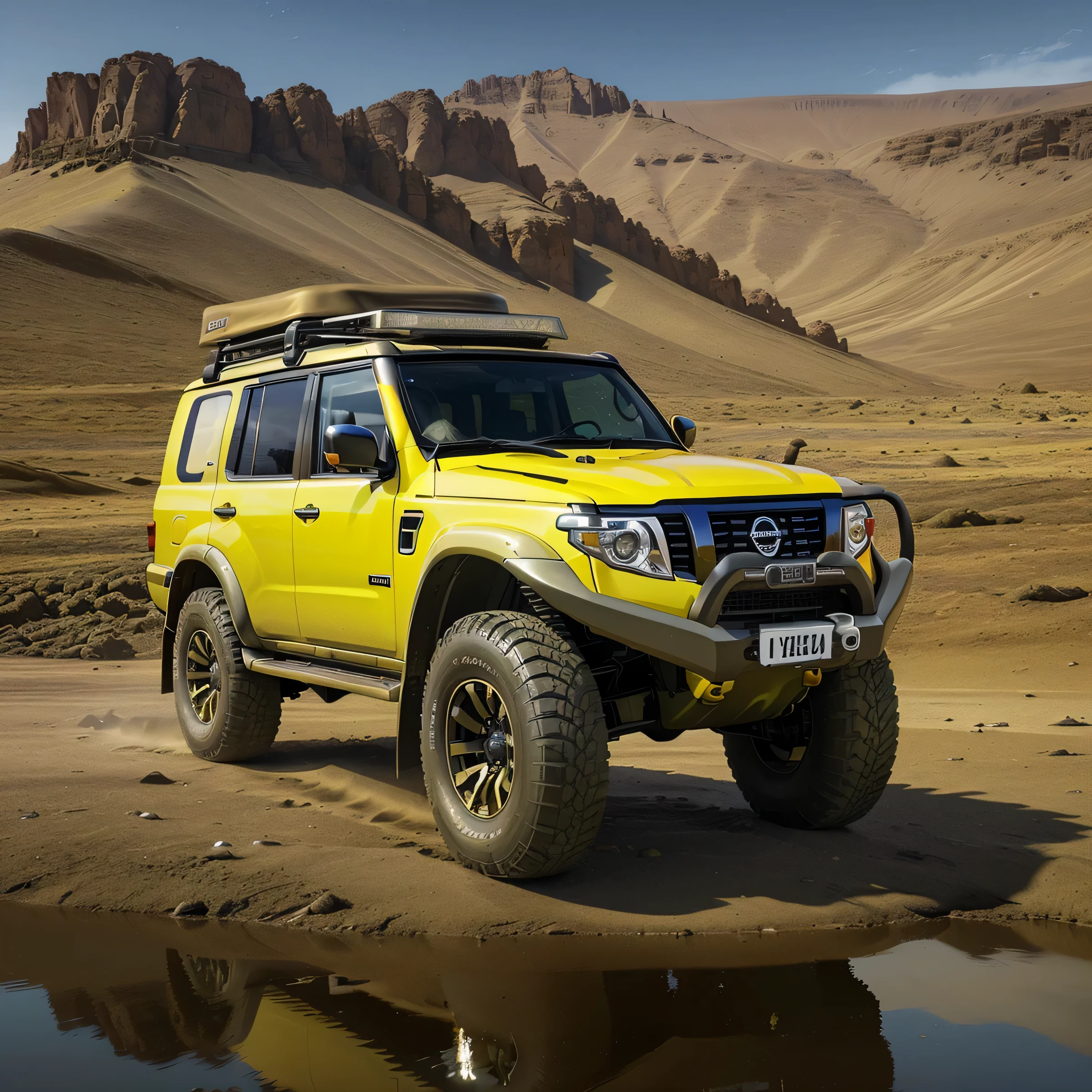 Nissan Patrol 4x4, campervan, offroad equipment, side view, yellow body, masterpiece, ultra hd, best quality, side light, lights reflection