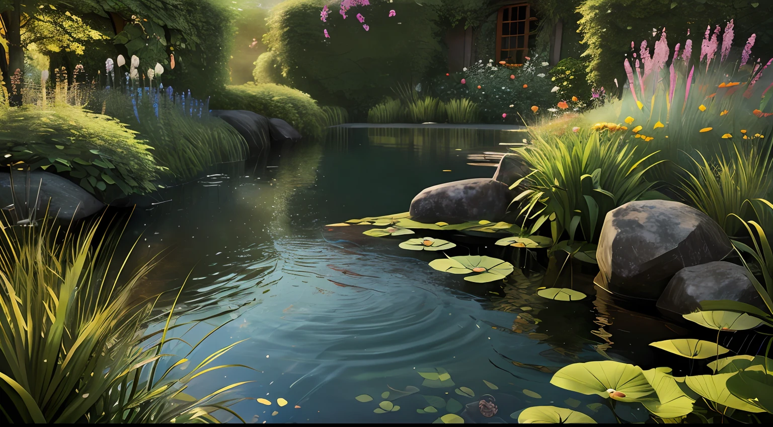 Secret garden with lake and lush flora, Ultra HD,Realistic style,Texture
