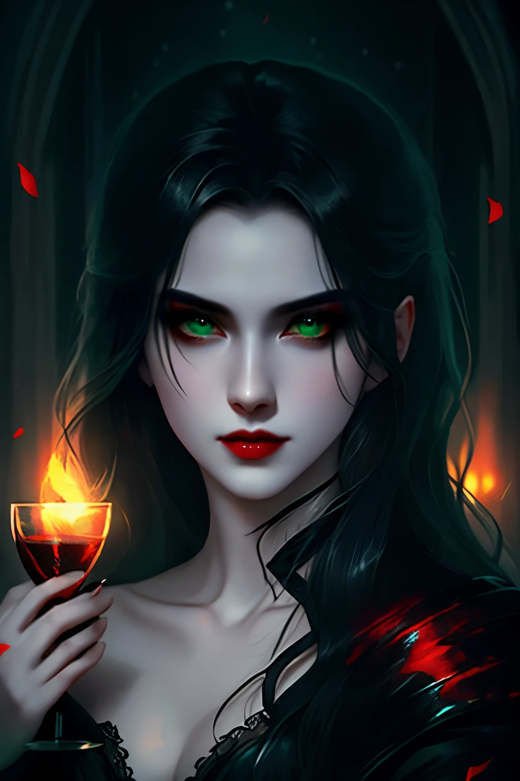 meet the alluring vampire girl, her short shoulder-length hair cascading in waves around her face, her piercing green eyes shining in the dimly lit room. A seductive smirk graces her lips, revealing her sharp, pointed canine teeth as she holds a chalice filled with blood, her gaze fixed on an unseen target. Her pale skin seems to gleam in the dark, adding to her ethereal beauty, making her a tantalizing enigma that both captivates and frightens in equal measure.