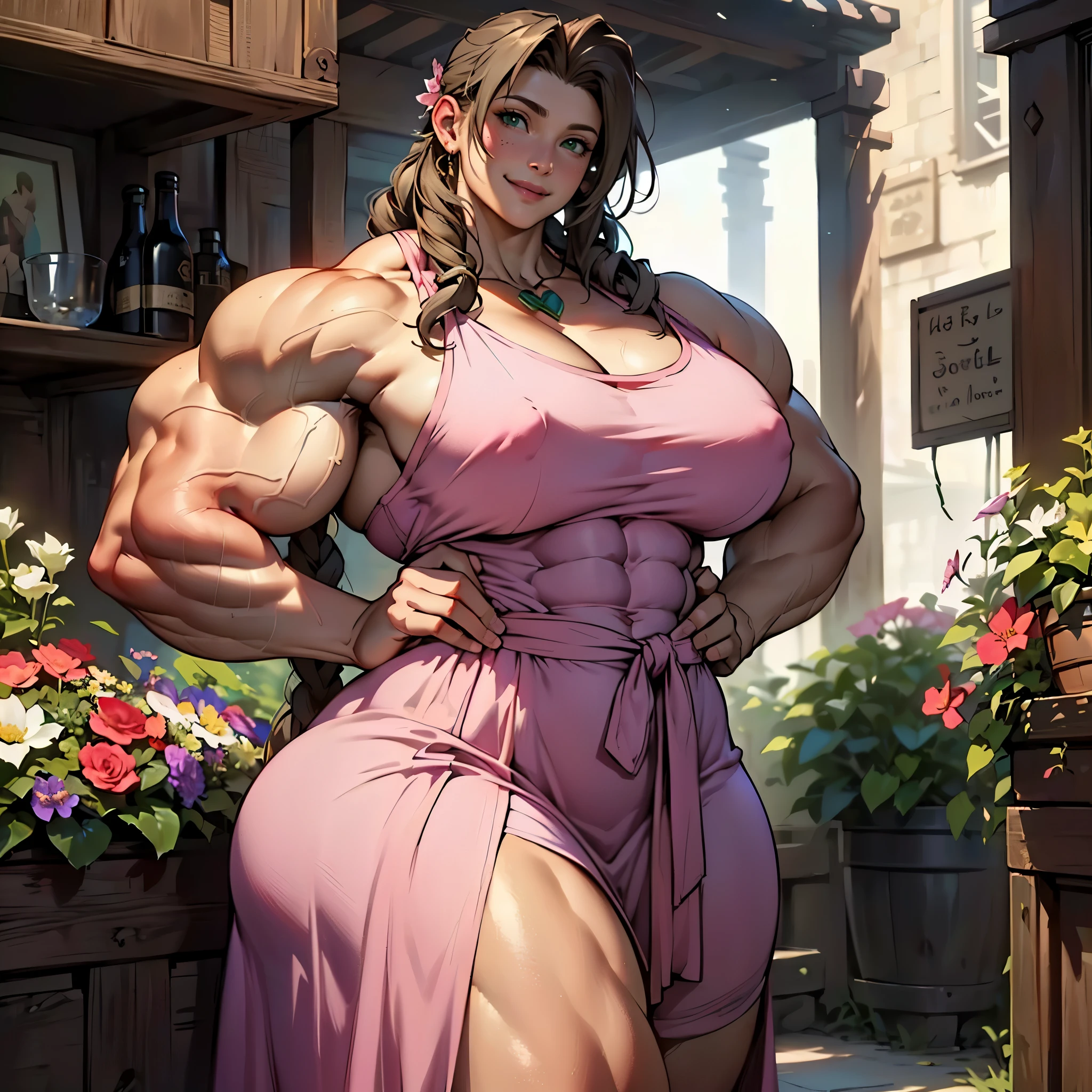 (masterpiece, best quality, highres:1.3), (realistic:1.3), FF7Aerith, (hyper muscular:1.7), (massive breasts), (thin waist:1.2), (massive thighs:1.2), (gigantic ass), (detailed, beautiful face), green potion, flower stand, (pink:1.2) dress, open smile, head tilt, (pleased expression), (realistic style:1.3)