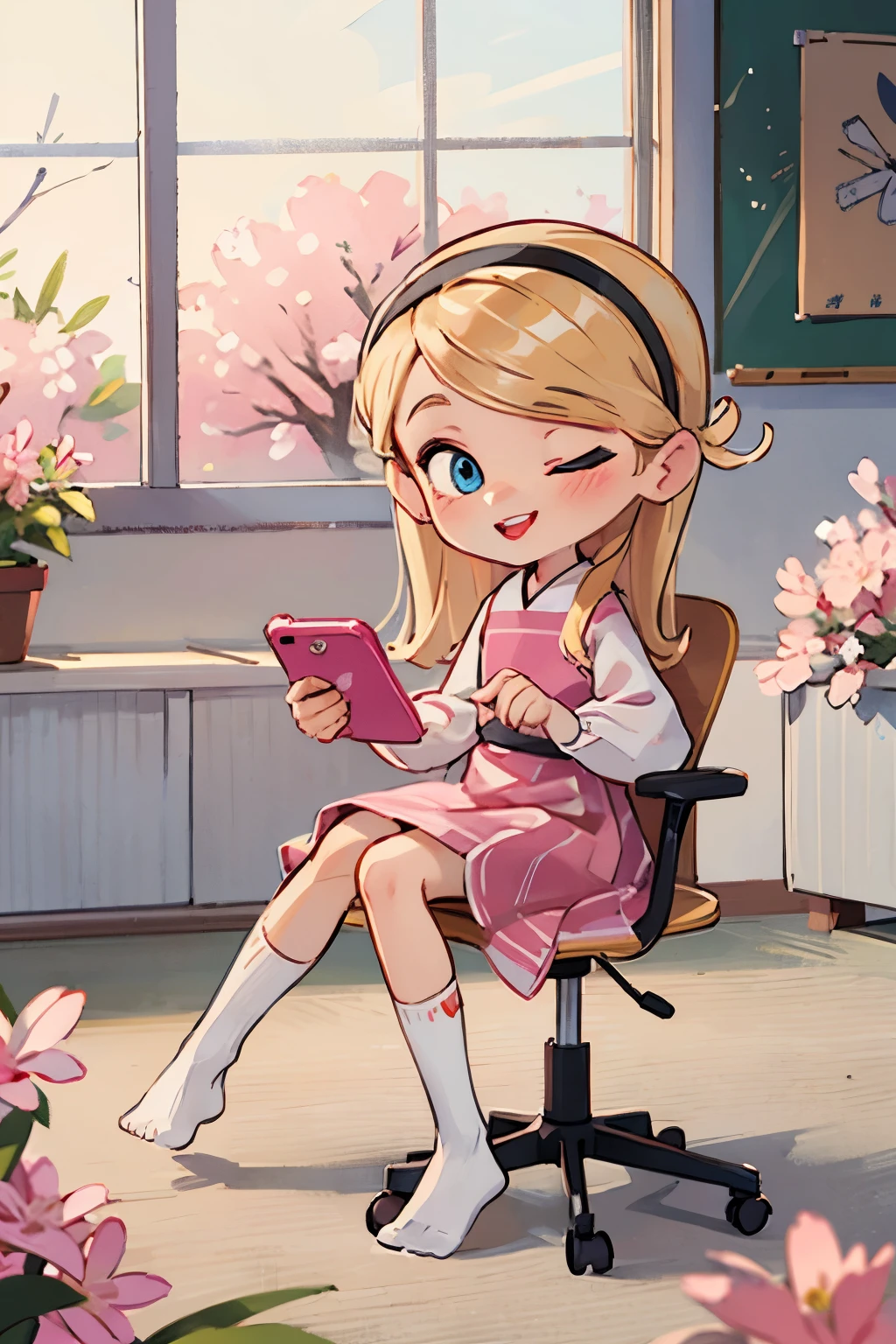 masterpiece, best quality, high resolution:1.4), 1girl, solo,full body, beautiful, very young, penny peterson, long blonde hair, hair lit up, glowing hair, hairband, pink dress, blue eyes, red lips, white tube socks, no shoes, cute art, cute smile, one eye closed, giggling, happy, spring,Cherry Blossom, classroom window, 1 chair, japanese style, texting, 1pink phone,