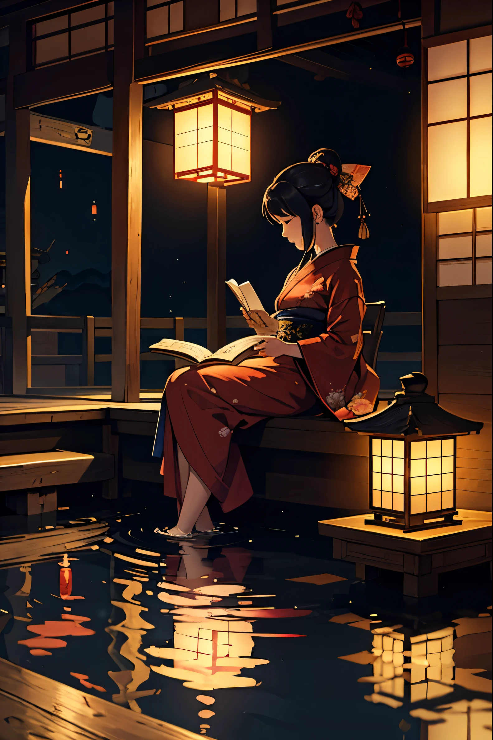 Girl in kimono, traditional japanese house, reading, lantern, midnight, pond, reflection, serene,
