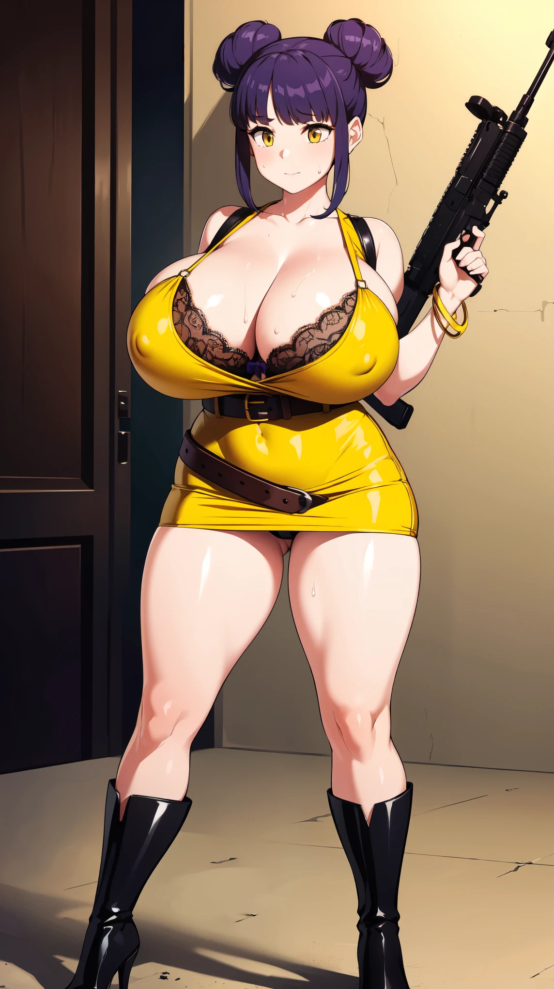 Slime girl, (slime), Slime hair Double buns hair style, Pumpkin Orange, weapon belt, Masterpiece, Best Quality, gigantic breasts, slime girl, slime girl, purple hair, lavender hair, yellow clothes, weapon belt around waistline, rifle, long rifle, AR-15 Rifle, assault rifle, exposed yellow bra, yellow clothing, wearing yellow clothing, fully body view, tight yellow dress, Rifle in hand, mature woman, gorgeous, perverted, sexy, yellow dress, exposed chest, exposed bra, exposed breast, black boots/heels, gold bracelets around wrist, holding rifle, aiming with rifle, tactical stance, tactical gear, sweaty body, long legs, tall woman, lustful yellow eyes, yellow lingerie , Slime girl, (slime), Slime hair Double buns hair style, Pumpkin Orange, weapon belt, Masterpiece, Best Quality, gigantic breasts, slime girl, slime girl, purple hair, lavender hair, yellow clothes, weapon belt around waistline, rifle, long rifle, AR-15 Rifle, assault rifle, exposed yellow bra, yellow clothing, wearing yellow clothing, fully body view, tight yellow dress, Rifle in hand, mature woman, gorgeous, perverted, sexy, yellow dress, exposed chest, exposed bra, exposed breast, black boots/heels, gold bracelets around wrist, holding rifle, aiming with rifle, tactical stance, tactical gear, sweaty body, long legs, tall woman, lustful yellow eyes, yellow lingerie, mature body, mature face, dark purple hair color, purple hair, Slime girl, (slime), Slime hair Double buns hair style, Pumpkin Orange, weapon belt, Masterpiece, Best Quality, gigantic breasts, slime girl, slime girl, purple hair, lavender hair, yellow clothes, weapon belt around waistline, rifle, long rifle, AR-15 Rifle, assault rifle, exposed yellow bra, yellow clothing, wearing yellow clothing, fully body view, tight yellow dress, Rifle in hand, mature woman, gorgeous, perverted, sexy, yellow dress, exposed chest, exposed bra, exposed breast, black boots/heels, gold bracelets around wrist, holding rifle, aiming with rifle,