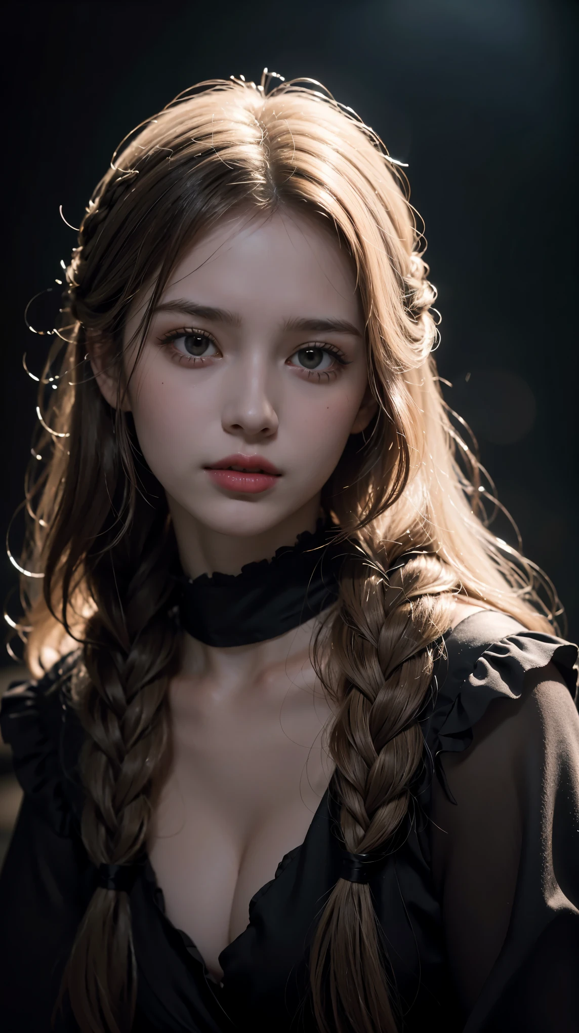 (RAW photo, best quality), ((Nostalgia,1980s syle)),(A girl with a literary atmosphere:1.2),(realistic, photo-realistic:1.3), (long wavy hair with braid), choker,very pale skin,Ultra Detailed Face, Detailed Lips, black lipstick, Fine Eyes, double eyelids, tight goth clothes, extremely delicate and beautiful, Amazing, finely detail, masterpiece, ultra-detailed, highres,best illustration, best shadow,intricate,depth of field,(closeup portrait of a young beautiful woman:1.2),long hair, ponytail, messy hair,((((low key,dark scene,dimly lit)))),(((soft lighting:1.4))),(pale skin:1.4),(shy smile),(cinematic angle),sharp focus, volumetric fog, 8k UHD, DSLR, high quality,( film grain:1.4), Fujifilm XT3,(looking at viewer), pale skin