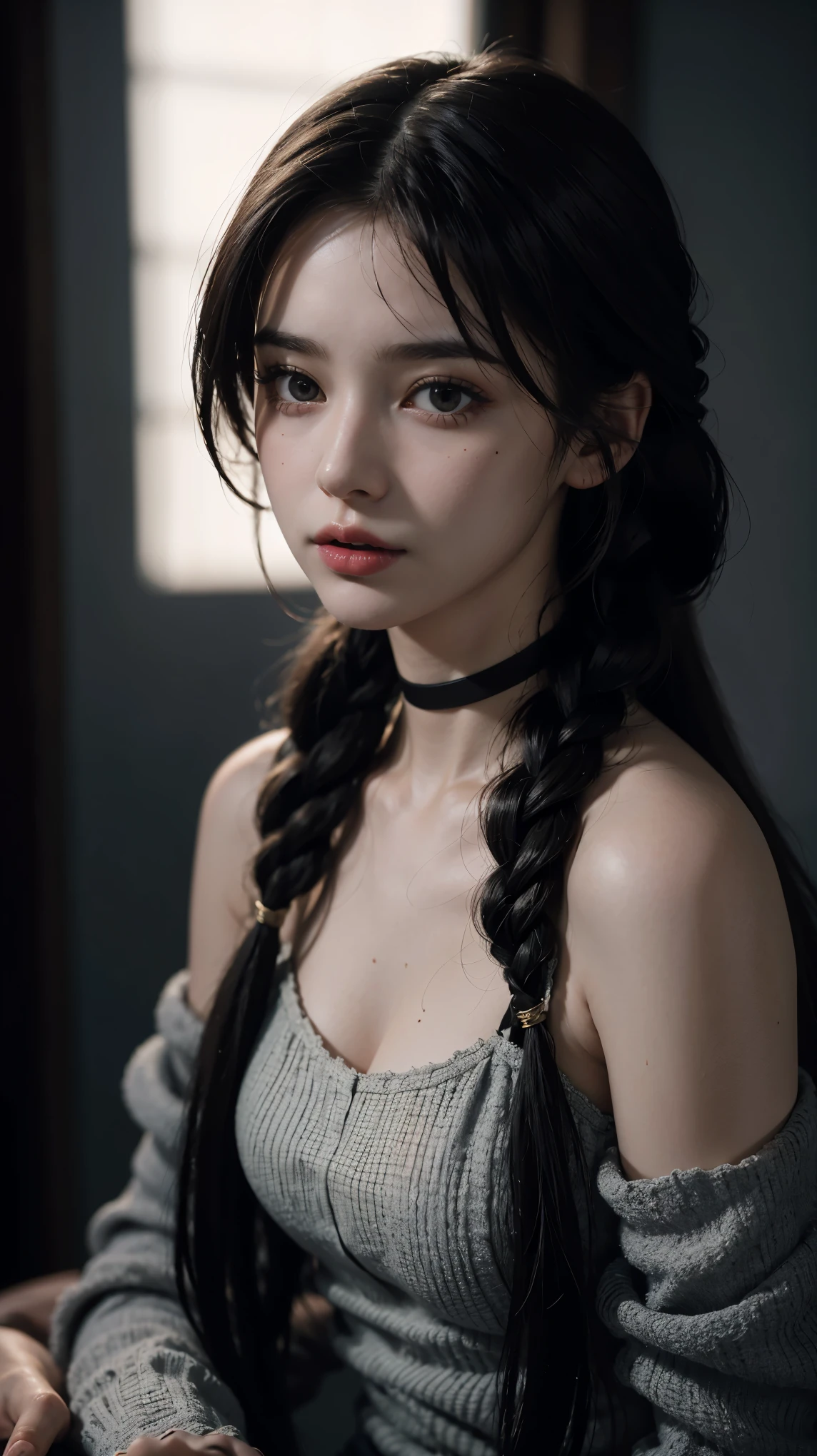 (RAW photo, best quality), ((Nostalgia,1980s syle)),(A girl with a literary atmosphere:1.2),(realistic, photo-realistic:1.3), (long wavy hair with braid), choker,very pale skin,Ultra Detailed Face, Detailed Lips, black lipstick, Fine Eyes, double eyelids, tight goth clothes, extremely delicate and beautiful, Amazing, finely detail, masterpiece, ultra-detailed, highres,best illustration, best shadow,intricate,depth of field,(closeup portrait of a young beautiful woman:1.2),long hair, ponytail, messy hair,((((low key,dark scene,dimly lit)))),(((soft lighting:1.4))),(pale skin:1.4),(shy smile),(cinematic angle),sharp focus, volumetric fog, 8k UHD, DSLR, high quality,( film grain:1.4), Fujifilm XT3,(looking at viewer), pale skin