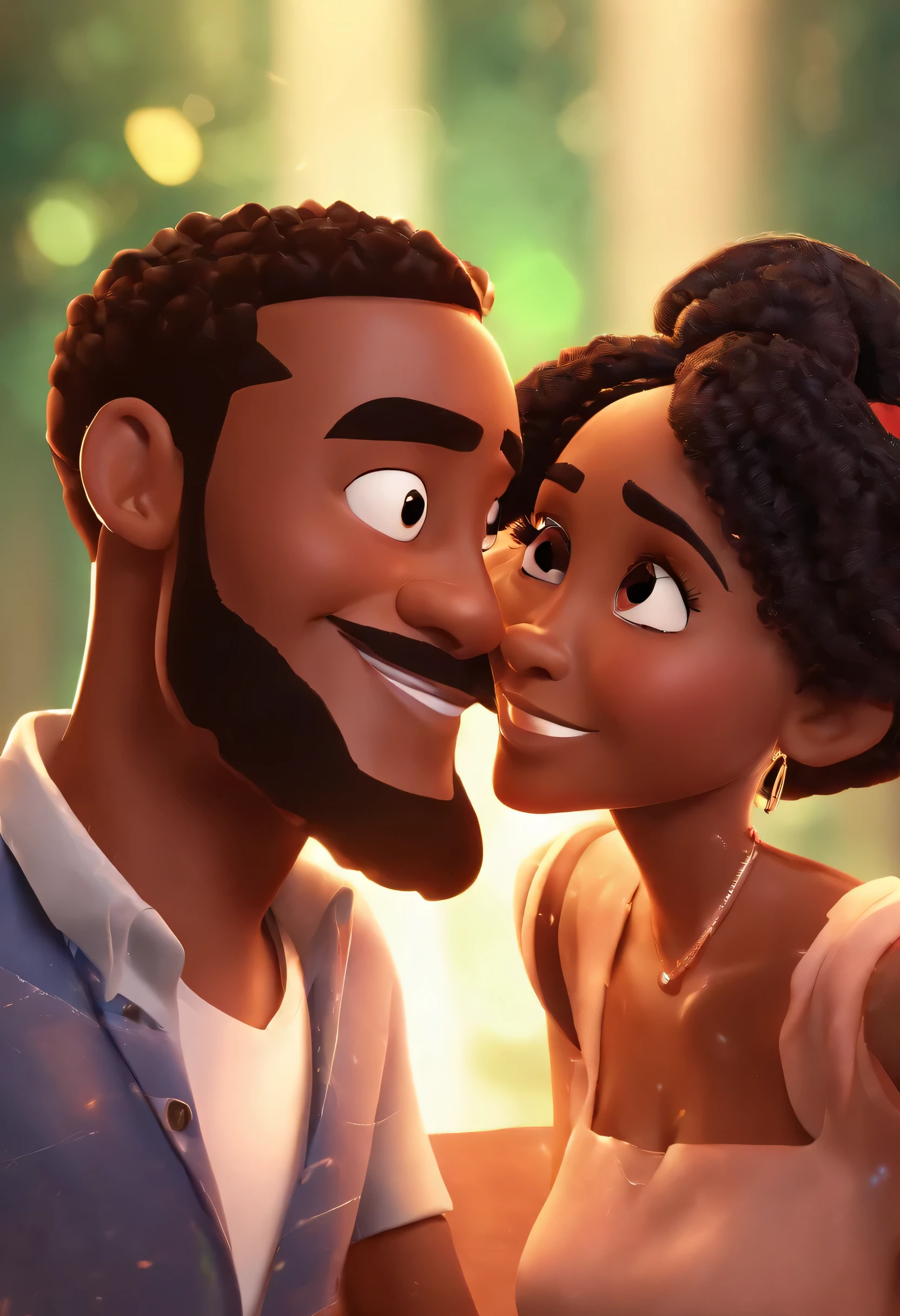 An illustration of an adorable couple, highlighting a black man and a black woman with beautiful expressive eyes - the man's skin is black and the man's hair is disguised and black, while the woman's skin is black and the woman's hair is curly and brown. They are a bright room, cada um com um sorriso no rosto, e compartilhar um momento especial caracterizado pelo amor, Insights. Illustrate this scene from a perspective where they are facing the camera, Smiling and Showing Your Connection. Desenvolva esta arte em Full HD, Focus on your cinematic touch, Estilo Disney Pixar Animations