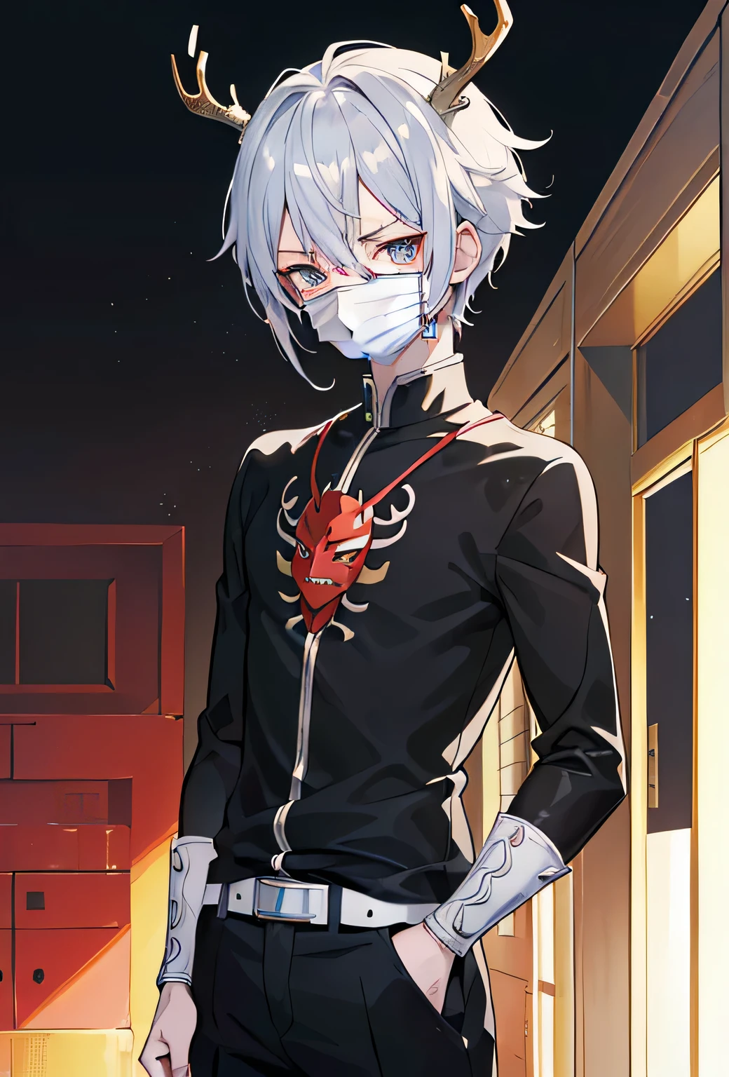(((obra de arte)), ((Estilo Anime)), ((Melhor qualidade)), ((high resolution)), ((Ultra HD)), ((super detalhe)), (( premiado)), ((personagem masculino)), ((adolescente)), ((garoto)),

A obra de arte of an anime boy character, with silver hair and a bored expression, desliza indiferentemente para a cena. Seus olhos tristes, destacado por pupilas fendidas, add depth to your emotion. horns sprouting from his head, a unique peculiarity of its design, make him stand out even among other anime characters. Intricately detailed mouth mask hides your mouth, increasing the mystery of your personality. Anatomicamente correto e renderizado em alta qualidade, este anime