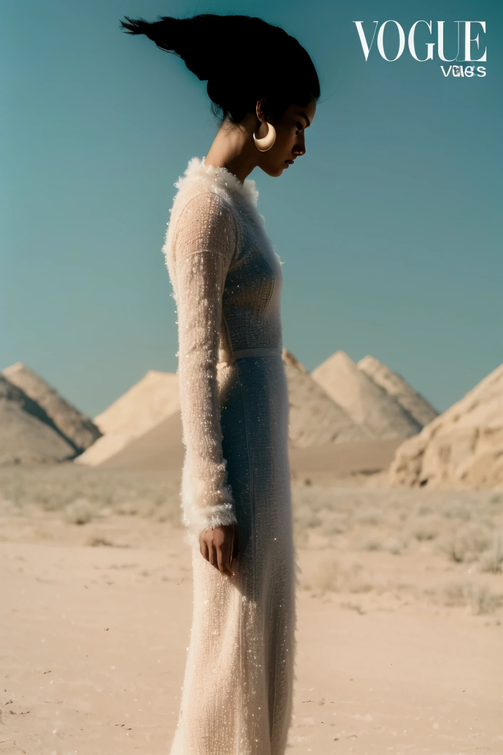 (best quality,4k,8k,highres,masterpiece:1.2),ultra-detailed,(realistic,photorealistic,photo-realistic:1.37),desert landscape,arafed woman,long white fur dress,golden earring,crescent earring,iranian woman,strong features,dark skin,pensive,standing,editorial,fashion magazine,frank moth,high fashion,moody lighting,vintage vibes,soft color palette,artistic composition,windswept hair,ethereal atmosphere,fashion-forward,striking contrast,editorial pose,dreamy ambiance,whimsical styling,graceful silhouette,hauntingly beautiful,mesmerizing gaze,desert beauty,fashion icon