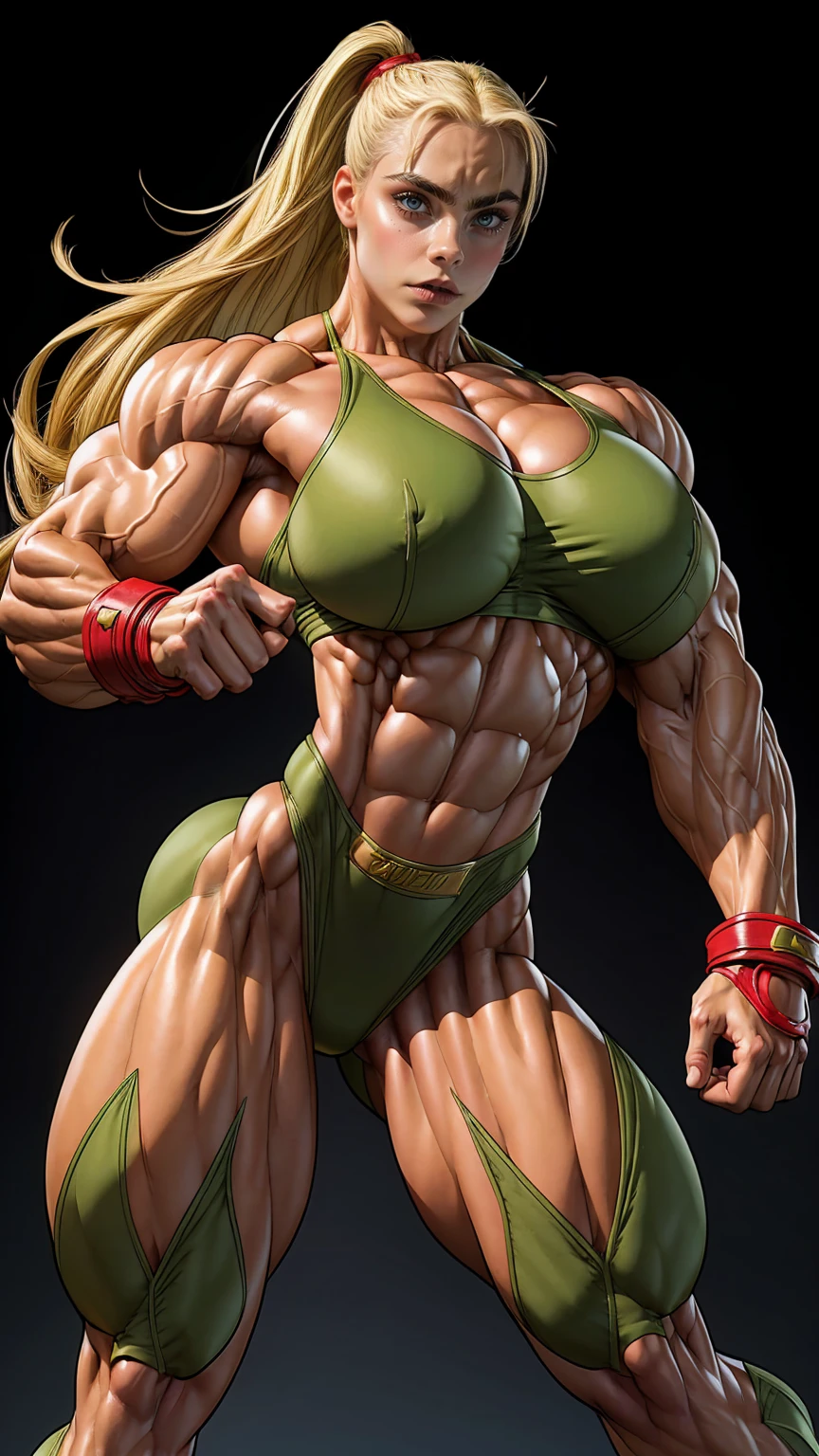 (1 girl), (cammy from street fighter), young girl, muscular feminine physique, seductive face, seductive look, long blonde hair, perfect muscular body, super skinny legs, (swollen bulging pecs:1.15), (combat ready pose), (huge muscular arms:1.15),