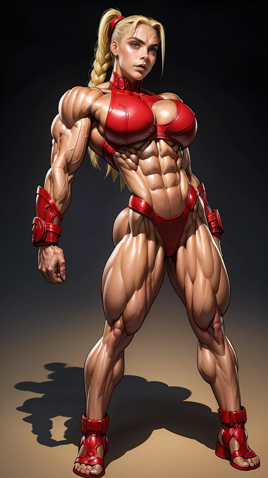 (1 girl), (cammy from street fighter), young girl, muscular feminine physique, seductive face, seductive look, long blonde hair, perfect muscular body, super skinny legs, (swollen bulging pecs:1.15), (combat ready pose), (huge muscular arms:1.15),