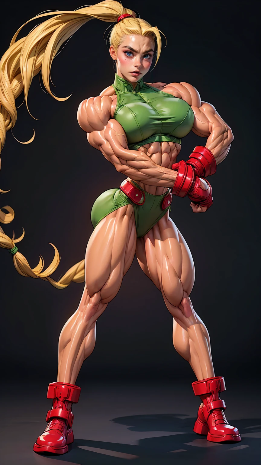 (1 girl), (cammy from street fighter), young girl, muscular feminine physique, seductive face, seductive look, long blonde hair, perfect muscular body, super skinny legs, (swollen bulging pecs:1.15), (combat ready pose), (huge muscular arms:1.15), 