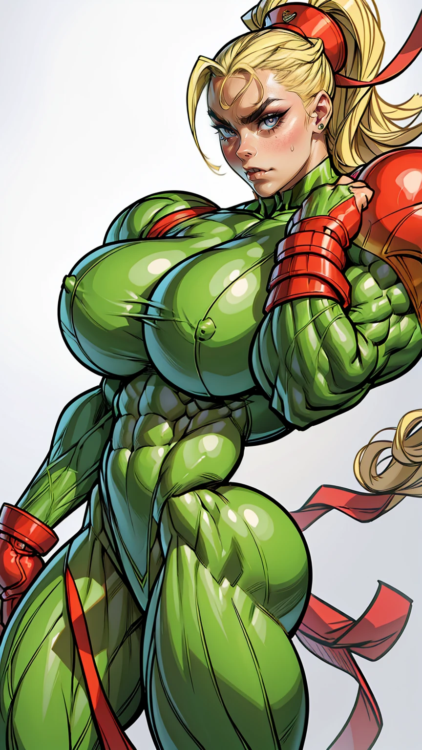 (1 girl), (cammy from street fighter), young girl, muscular feminine physique, seductive face, seductive look, long blonde hair, perfect muscular body, super skinny legs, (swollen bulging pecs:1.15), (combat ready pose), (huge muscular arms:1.15),