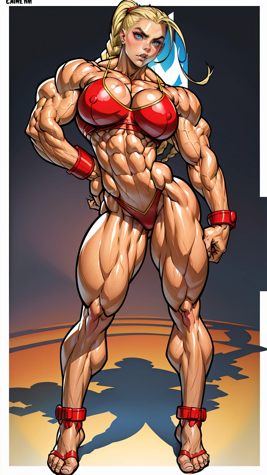 (1 girl), (cammy from street fighter), young girl, muscular feminine physique, seductive face, seductive look, long blonde hair, perfect muscular body, super skinny legs, (swollen bulging pecs:1.15), (combat ready pose), (huge muscular arms:1.15), 