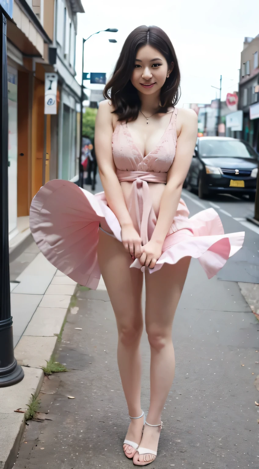 (highest quality, 8K, 32k, masterpiece, Hmm:1.2),beautiful japanese women pictures,(sad smile,blush:1.1),looking at the viewer,(beautiful detailed dress skirt:1.2),leg details,(spread your legs:0.9),(lace panties:0.9),(wind lift:1.6), whole body,It's windy,city,outdoor