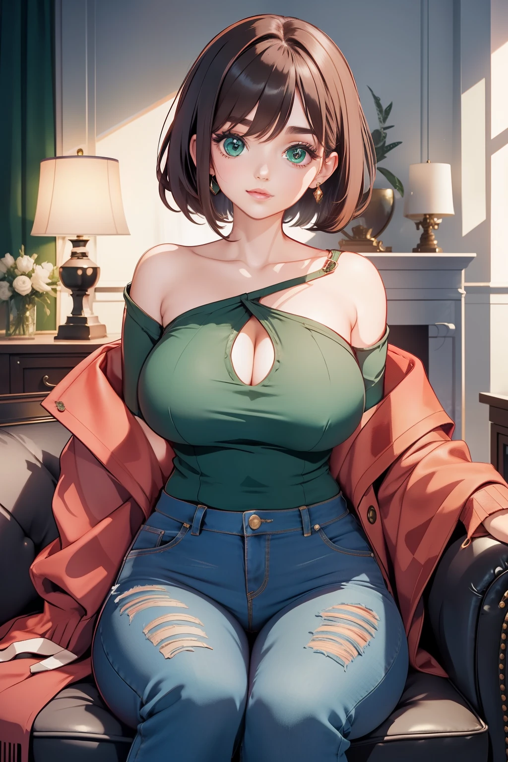 A poised woman with short, elegant brunette hair cascading down her shoulders, framing her deep emerald green top that accentuates her curvaceous figure and a precise V-neck cut revealing her ample cleavage. Her denim jeans are tucked in, with meticulous detailing on the stitches and distressed accents, enhancing her feminine allure.
Seated on a plush leather couch in an opulently furnished room, the warm ambient lighting bathes her fair skin tone, subtly highlighting her striking facial features. The room is adorned with rich textures and colors, creating an elegant and inviting atmosphere.
The scene