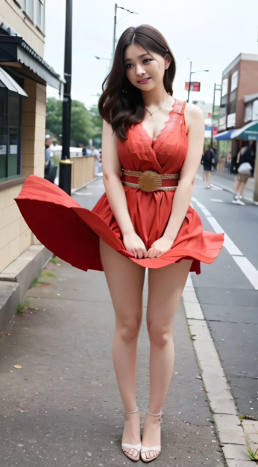(highest quality, 8K, 32k, masterpiece, Hmm:1.2),beautiful japanese women pictures,(sad smile,blush:1.1),looking at the viewer,(beautiful detailed dress skirt:1.2),leg details,(spread your legs:0.9),(lace panties:0.9),(wind lift:1.6), whole body,It's windy,city,outdoor