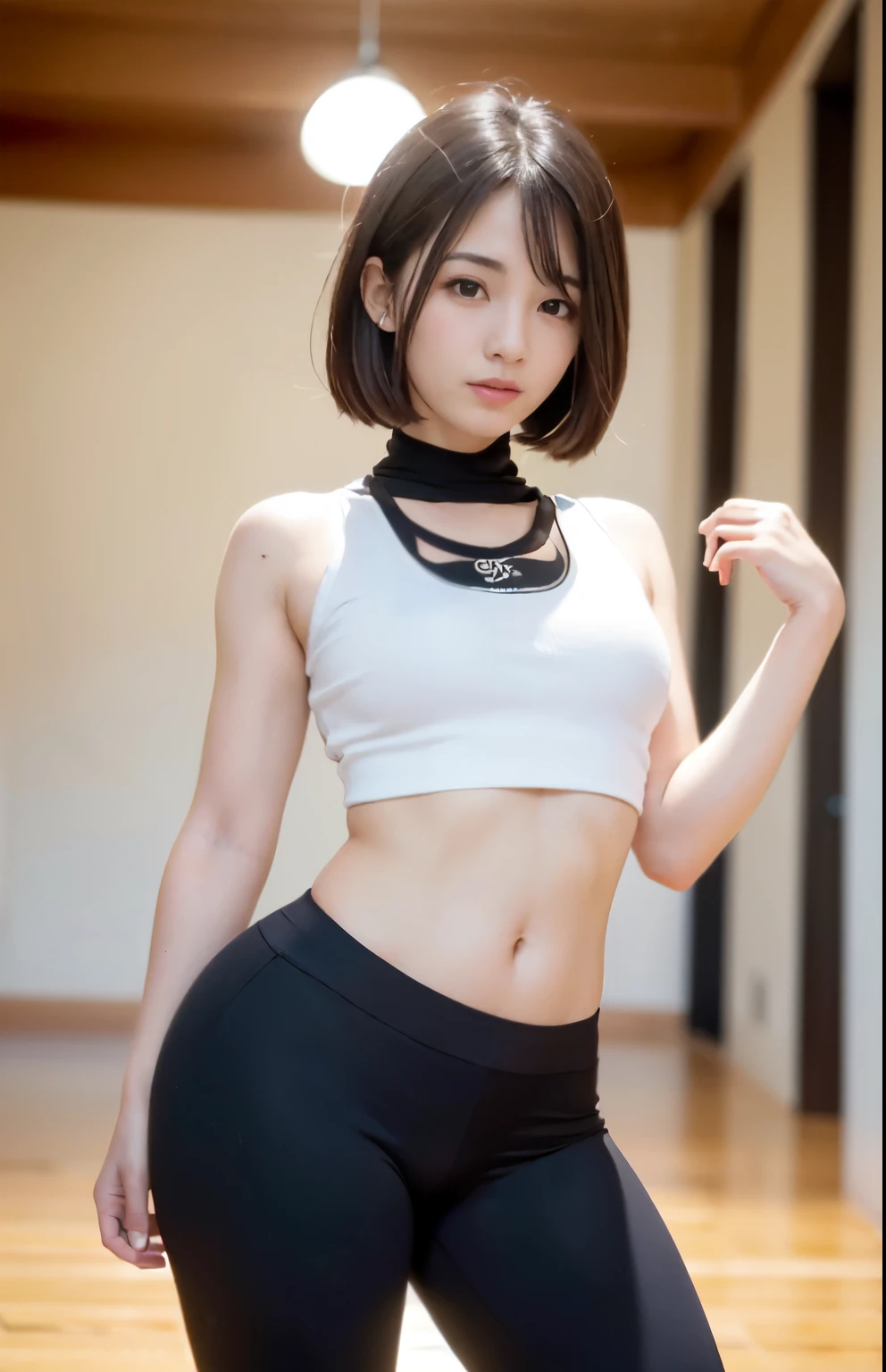((((mesa, of the highest quality, high resolution)))), 8k muy detallado, Hermosa chica con cuerpo regordete, (ultra high definition, super detailed, Muy detallado, Muy realista, surreal, fotos realistas), (1 chica:1.5), (pelo blanco realista), pelo corto ondulado, corte bob, (strike a dynamic pose for the camera, sonrisa ligera, ojos morados, Hermoso rostro detallado con senos promedio., ojos hermosos y finos), (camiseta sin mangas blanca, material delgado), ombligo、escote,pechos extremadamente pesados, falda corta oscura, brillar, sudor, (rayo de sol, luz de sol)、abdominales、Entumecimiento delgado、