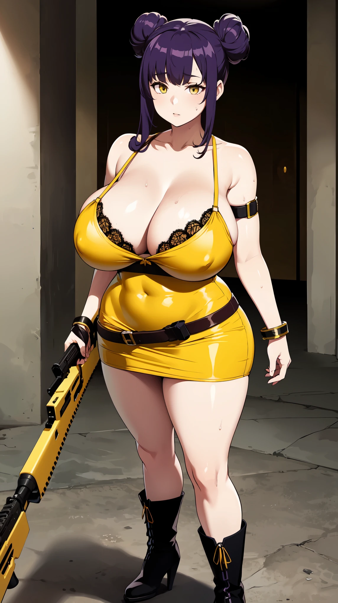 Slime girl, (slime), Slime hair Double buns hair style, Pumpkin Orange, weapon belt, Masterpiece, Best Quality, gigantic breasts, slime girl, slime girl, purple hair, lavender hair, yellow clothes, weapon belt around waistline, rifle, long rifle, AR-15 Rifle, assault rifle, exposed yellow bra, yellow clothing, wearing yellow clothing, fully body view, tight yellow dress, Rifle in hand, mature woman, gorgeous, perverted, sexy, yellow dress, exposed chest, exposed bra, exposed breast, black boots/heels, gold bracelets around wrist, holding rifle, aiming with rifle, tactical stance, tactical gear, sweaty body, long legs, tall woman, lustful yellow eyes, yellow lingerie 