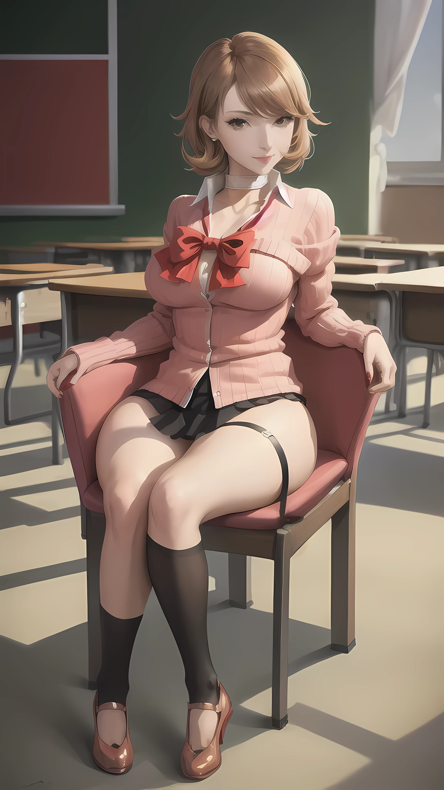 (masterpiece, best quality:1.2), solo, 1girl, takebadef, smile, looking at viewer, , cardigan, bow, red lingerie, choker, earrings, classroom , large breasts, full body, sitting on chair, open legs,