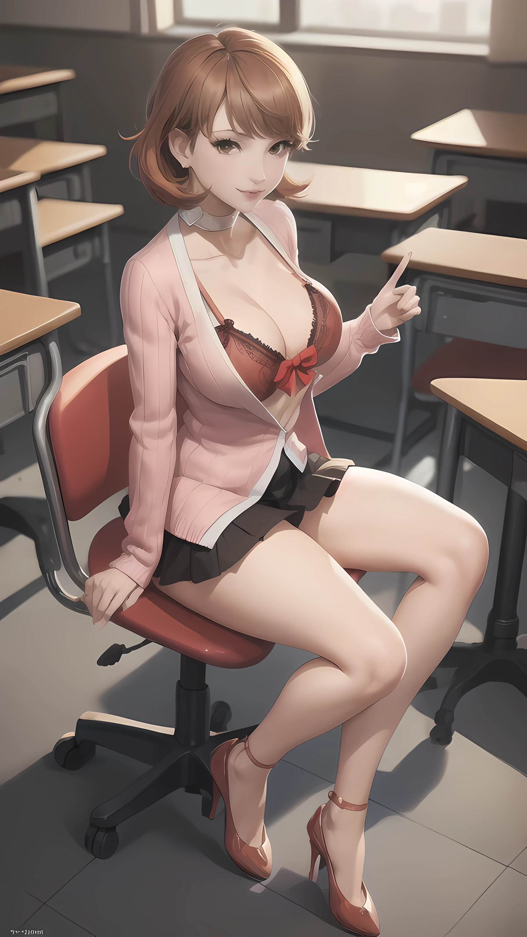 (masterpiece, best quality:1.2), solo, 1girl, takebadef, smile, looking at viewer, , cardigan, bow, red lingerie, choker, earrings, classroom , large breasts, full body, sitting on chair, open legs,