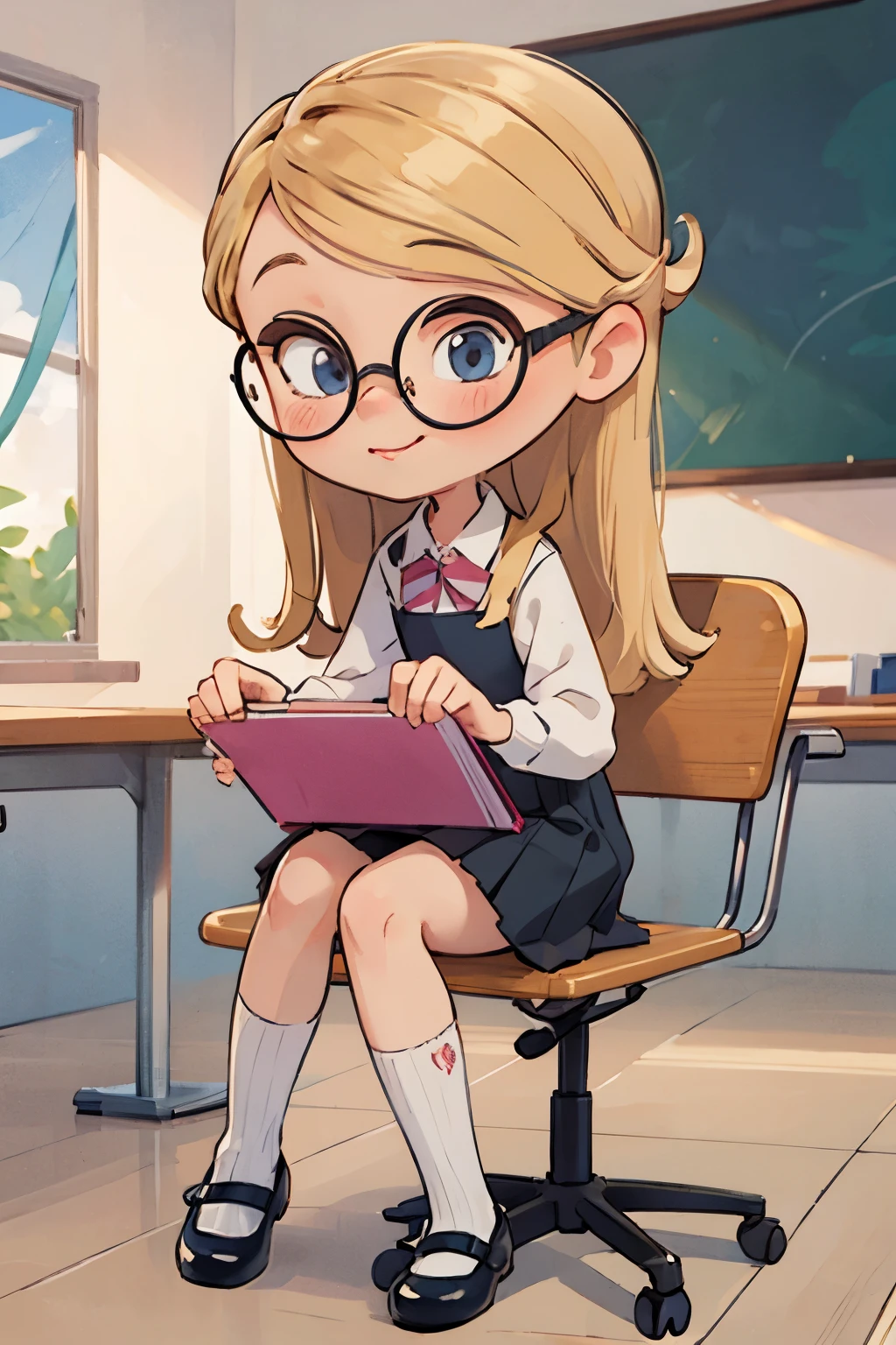 Thicc butt, sitting on chair desk, looking at us, pink g-string, detailed thicc g-string, cute, beautiful, very young, long hair,blonde hair, dark blue uniform, black skirt, pleated skirt, long blue tube socks, mary janes, purple glasses, classroom, looking at us, soft smile, grey skirt, smug face, sitting, cute,