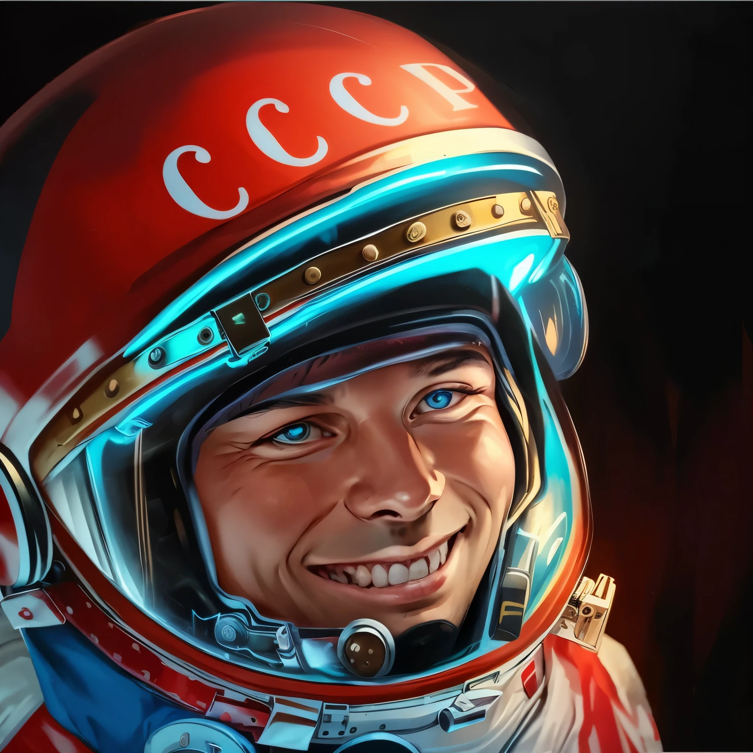 Painting of a man in a spacesuit and helmet., Cosmonaut, Vostok-1, CCCP, Portrait of Gagarin in space, Turi Gagarin, soviet nostalgia, портрет Cosmonautа, cosmic oddity, портрет Cosmonautа с искусственным интеллектом, USSR costume, Soviet Wave, Retro Space Helmet, портрет Cosmonautа