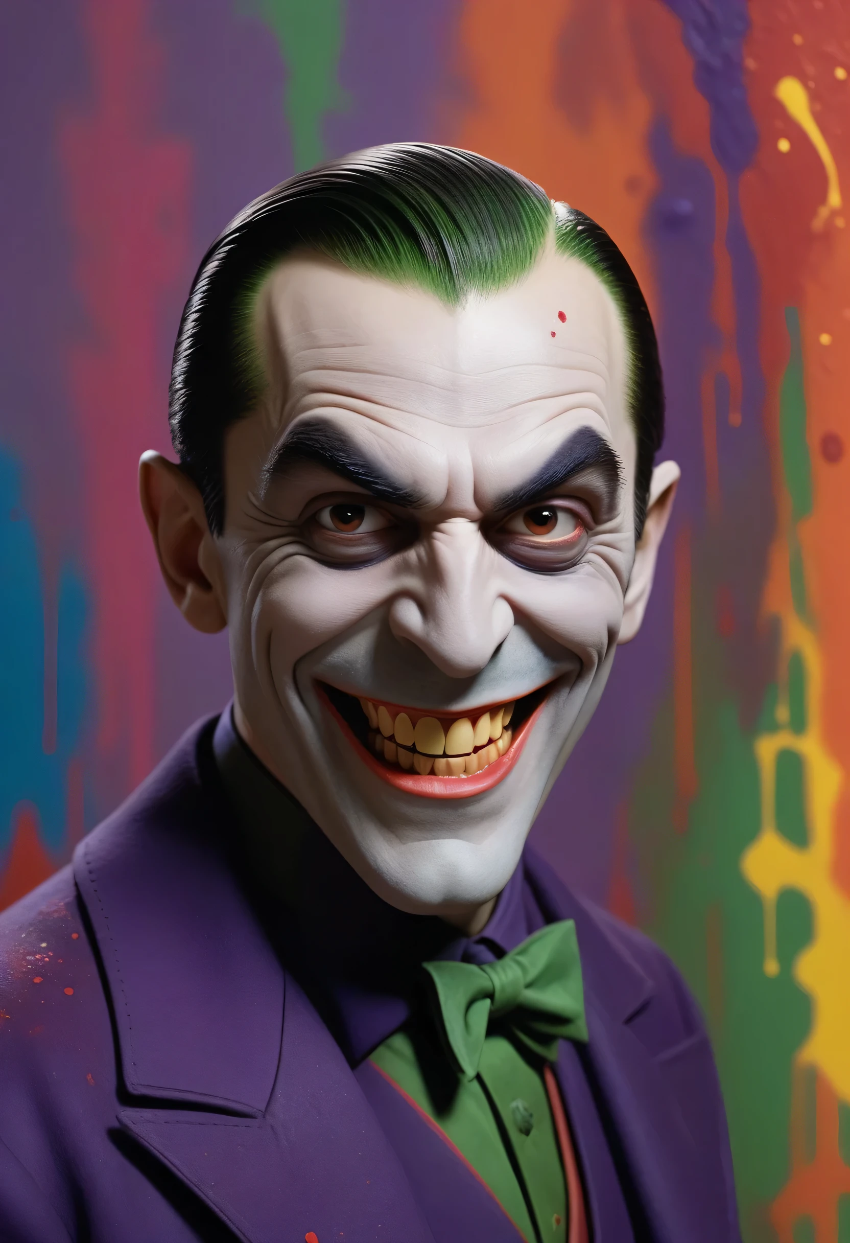 Bela Lugosi as Count Dracula the Joker - with a maniacal grin on his face - an extremely colorful multicolor paint splattered wall in the background
