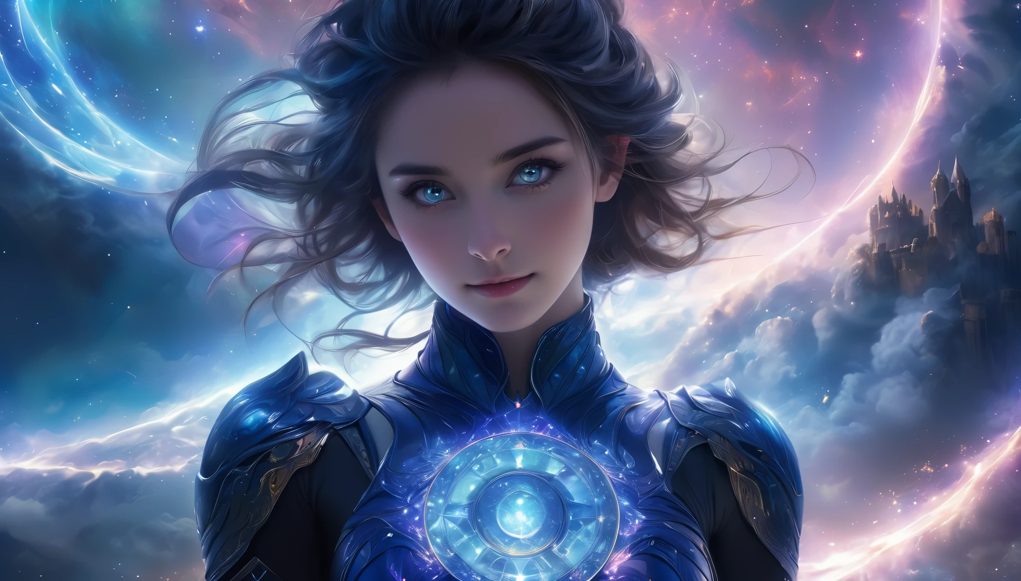 (1 beautiful age Italian girl),(wears iridescent bodysuit with beautiful fractal or marble design:1.5),(She wears gauntlets with a detailed and very beautiful design decorated with jewels:1.6), ((She is showing her armpits:1.6)), (erotic pose:1.6), (model pose:1.6), incredibly spectacular scene, ((high quality)), ((fantasy)), blue plasma brain, green plasma body, obscene, average, (despicable:1.2), (immoral:1.2), (Small breasts with beautifully raised pink areolas:1.5), (expression of ecstasy:1.2), hyper realistic photo, official art, Unity 8K Wallpaper, 8K portrait, high quality, very high resolution, (incredibly beautiful nature background:1.6), (18-year-old:1.5), (sexy and glamorous:1.1), (coquettish expression:1.6), (smile seductively:1.6), beautiful seductive face, portrait, (thick eyebrows:1.4), (big scarlet eyes:1.6), Beautiful eyes with high bilateral symmetry, (highly detailed eyes:1.4),(highly detailed face and eyes:1.7), (High resolution Sapphire eyes:1.8), (Super detailed skin texture:1.4), super detailed pale skin, perfect anatomy, thin, (Beautiful muscular toned body:1.6), highly detailed jet black hair, (moist skin:1.2), no makeup, (Bear:1.1), excellent anatomy, Focus plane, good looking, (Emilia clarke:0.1) (Emma watson:0.3),(Jennifer connelly:0.24), (A delicately crafted necklace is wrapped around her neck), (Bioluminescence with a brilliant glow:1.4), (Shining magic circle:1.5), ruins of an ancient castle, Shining majestic clouds and sky, lightning, spectacular realistic, (Greg latkowski:0.8), (teal and orange:0.4), (art station:1.5), cinematic, (NSFW:1.6), dramatic light, (intricate details:1.1),Milky Way, (nebula:1.6), dark Knight, Focus on fully armored body