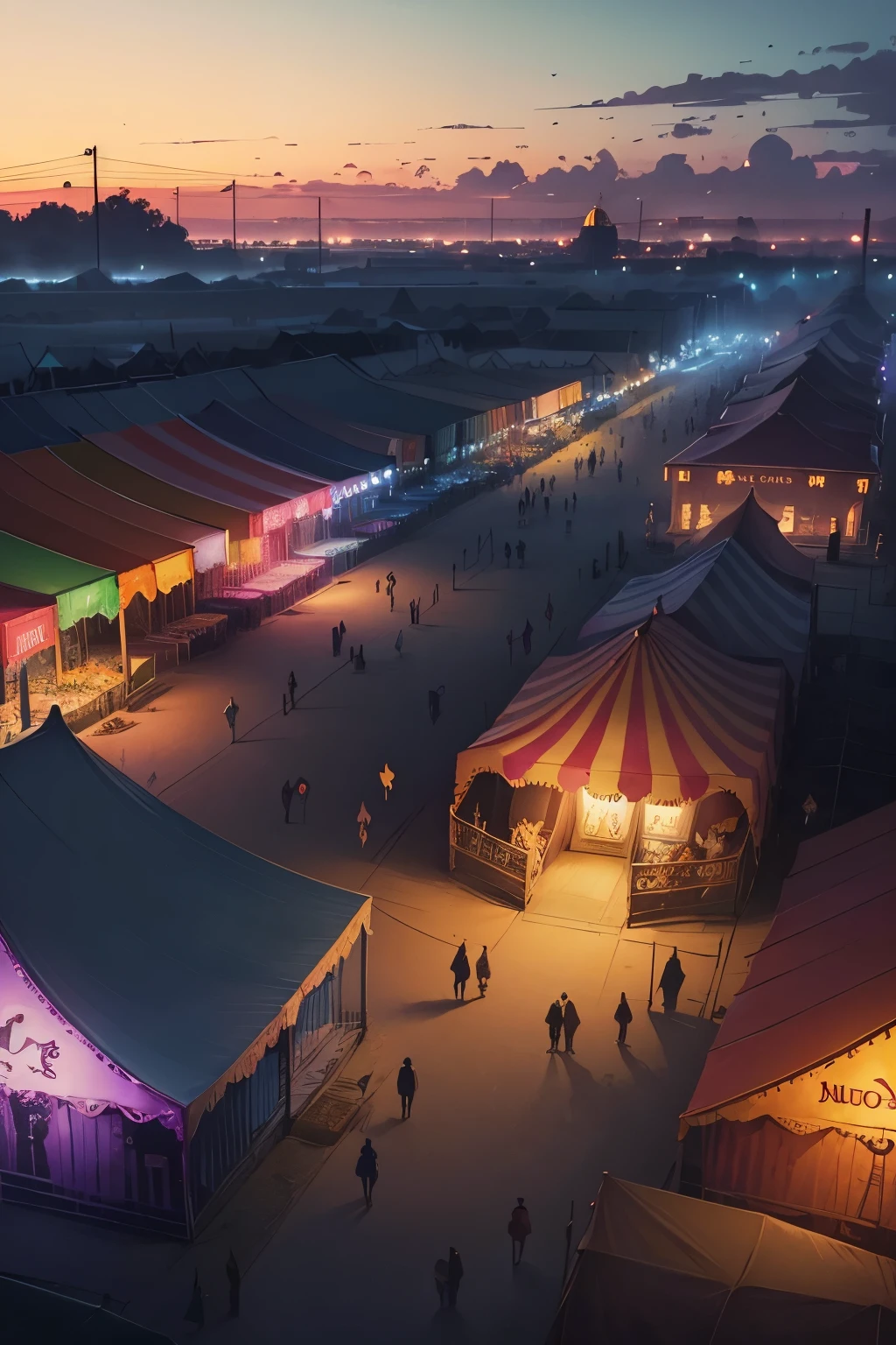 ((Illustration art)), (mardi gras), carnival tents, Watercolor Painting, dusk, fog, fairgrounds in background, illustration, art, fantasy, dramatic lighting, perspective, eerie, line drawing cartoon (comic book style), hand painted, muted color