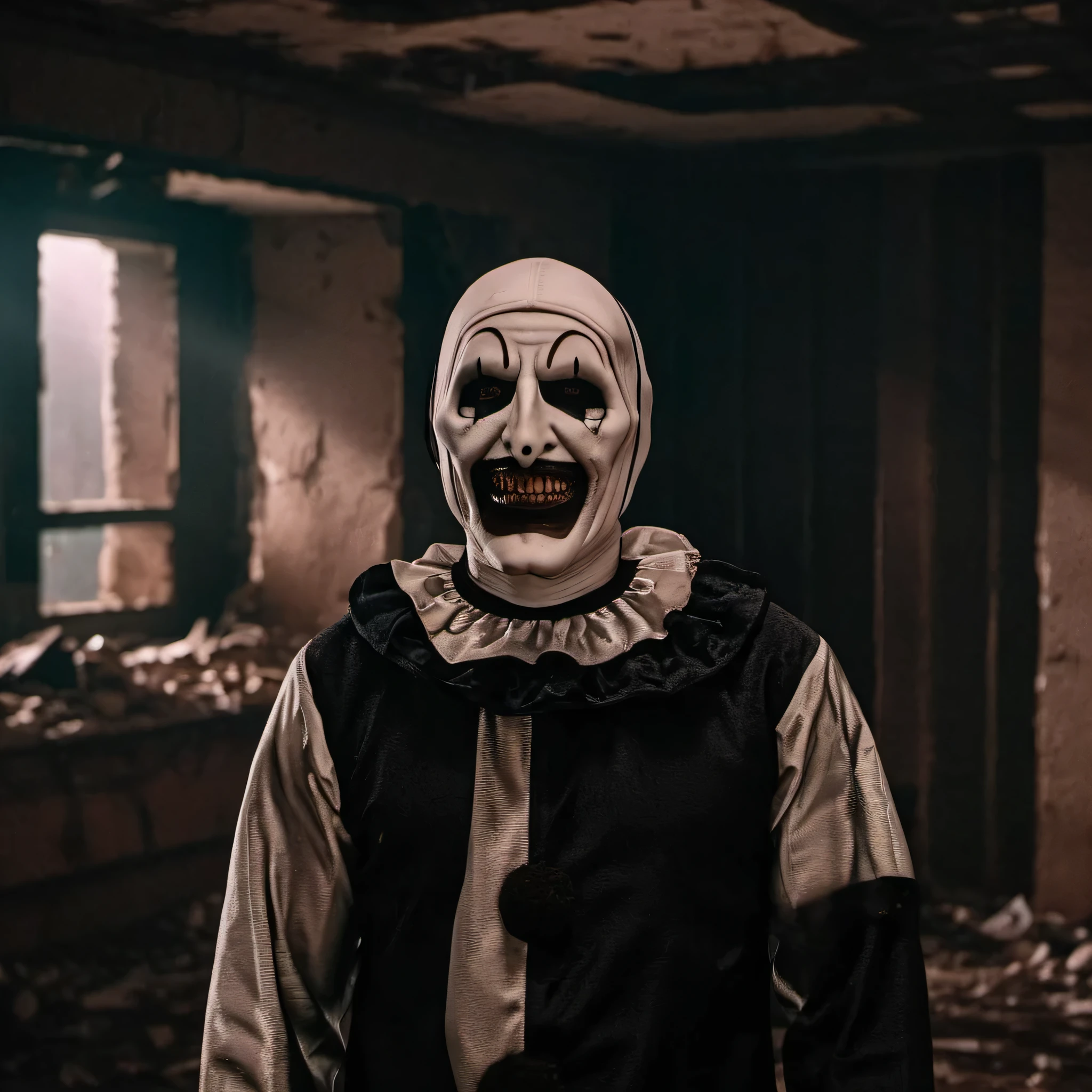 cinematic photo a scary man  in an abandoned dark room . 35mm photograph, film, bokeh, professional, 4k, highly detailed