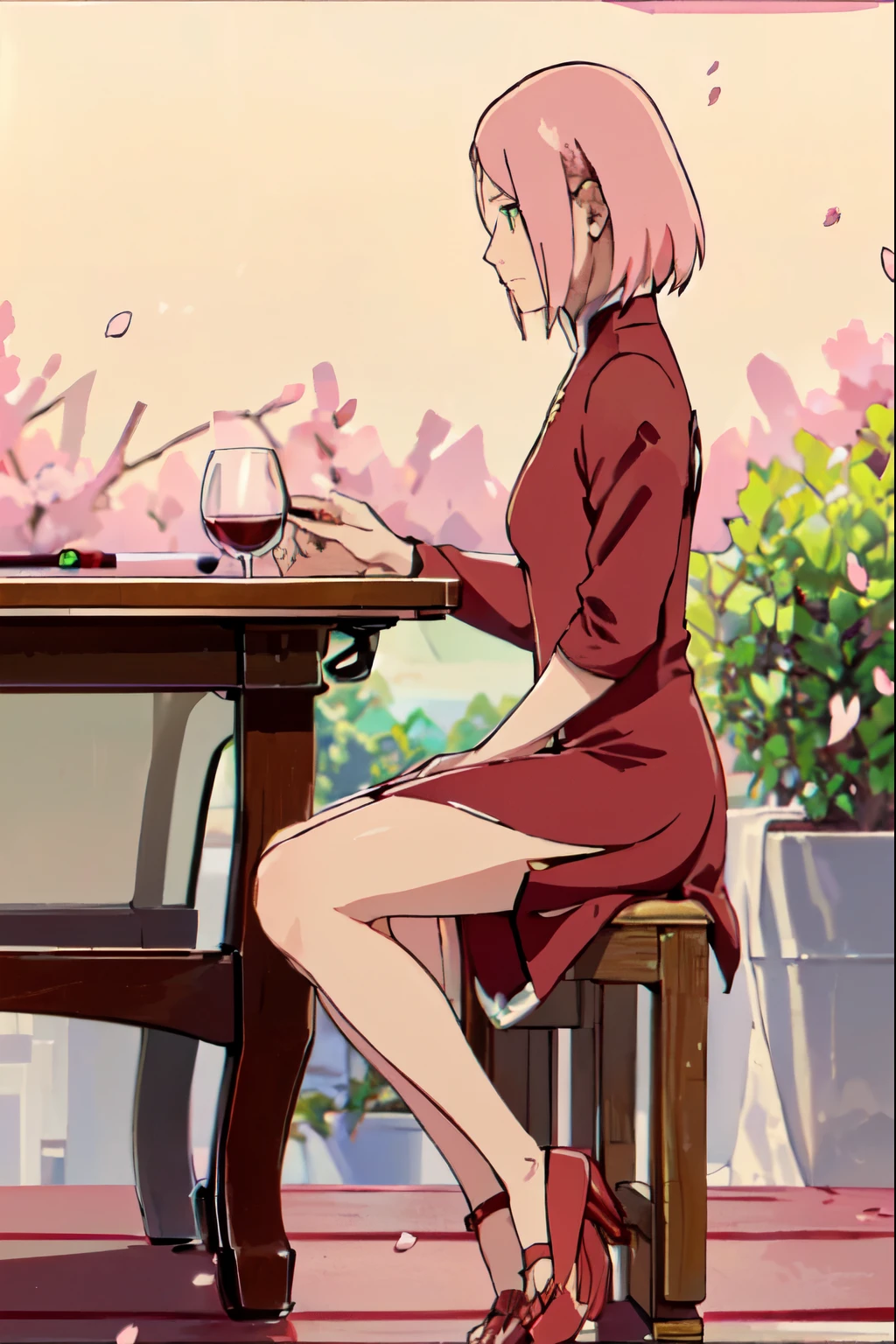 Madura sakura haruno, small breasts, slender legs, (wearing a shiny red satin dress), (right profile view looking at the horizon), (red slippers), (sitting at a billiard table), (with a glass of wine), (with a melancholic and thoughtful gaze), (with loose and wavy hair), (in a garden full of cherry blossoms), (with soft golden lighting).