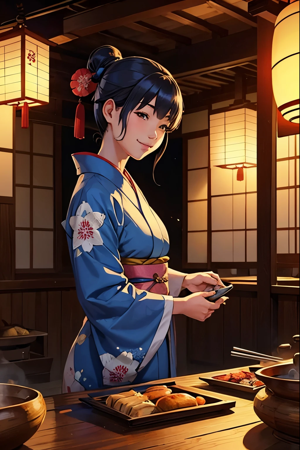 Traditional japanese house, lanterns, girl in blue kimono, cooking, beautiful smile, serenity, peaceful