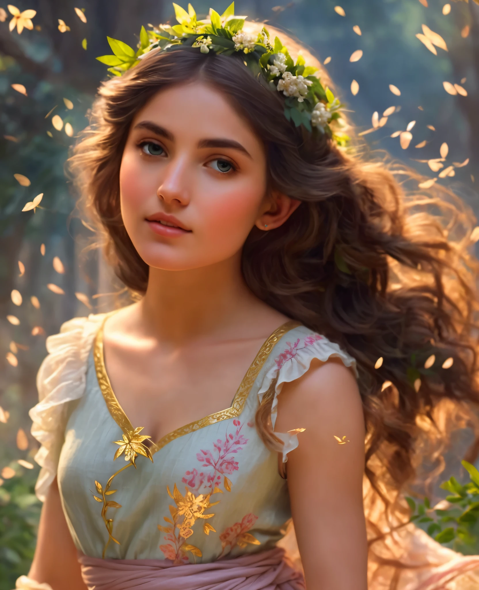 Greek Goddess linen clothes, An elf in a vegetative forest in John William Waterhouse style, by Peter Paul Rubens, featuring lush detailing, distinctive noses, and traditional oceanic art in high detail, close-up, light gold, and green, best quality, masterpiece,sfw