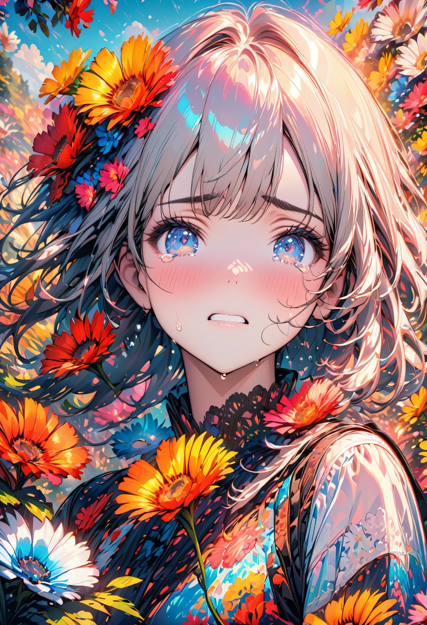 Beautiful girl cried，tears streaming down her cheeks，Lots of tears，eyes very focused，surrounded by beautiful flowers，Bright and vivid colors，high saturation，8K，Super fine，Rich details，A masterpiece of extreme detail，high quality