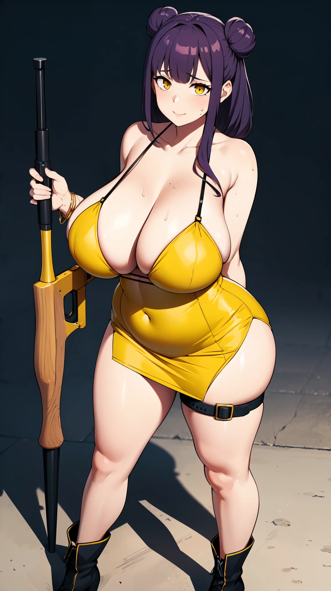 Slime girl, (slime), Slime hair Double buns hair style, Pumpkin Orange, weapon belt, Masterpiece, Best Quality, gigantic breasts, slime girl, slime girl, purple hair, lavender hair, yellow clothes, weapon belt around waistline, rifle, long rifle, AR-15 Rifle, assault rifle, exposed yellow bra, yellow clothing, wearing yellow clothing, fully body view, tight yellow dress, Rifle in hand, mature woman, gorgeous, perverted, sexy, yellow dress, exposed chest, exposed bra, exposed breast, black boots/heels, gold bracelets around wrist, holding rifle, aiming with rifle, tactical stance, tactical gear, sweaty body, long legs, tall woman, lustful yellow eyes, yellow lingerie ,plump soft breasts , upward view