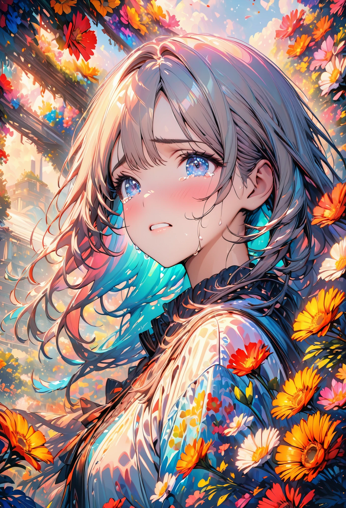 Beautiful girl cried,tears streaming down her cheeks,Lots of tears,eyes very focused,surrounded by beautiful flowers,Bright and vivid colors,high saturation,8K,Super fine,Rich details,A masterpiece of extreme detail,high quality