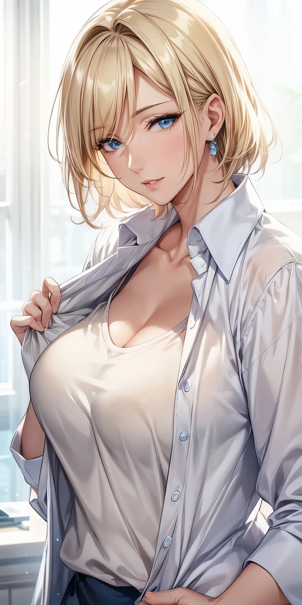 portrait, elegant mature woman, blue eyes, brown blonde hair, swept-side bang, big breast, 4k resolution, high quality cg, beautiful cg, soft light