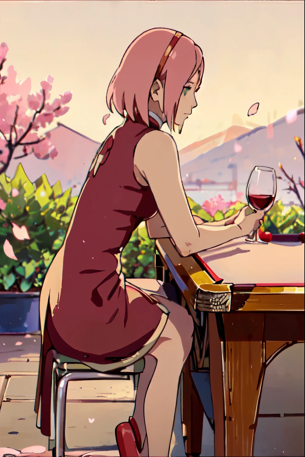 Madura sakura haruno, small breasts, slender legs, (wearing a shiny red satin dress), (right profile view looking at the horizon), (red slippers), (sitting at a billiard table), (with a glass of wine), (with a melancholic and thoughtful gaze), (with loose and wavy hair), (in a garden full of cherry blossoms), (with soft golden lighting).