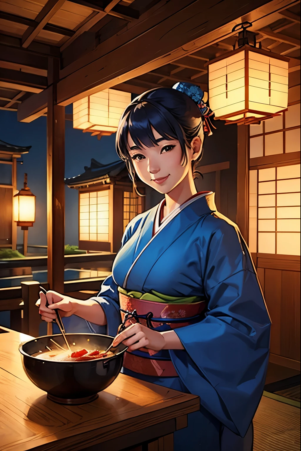 Traditional japanese house, lanterns, girl in blue kimono, cooking, beautiful smile, serenity, peaceful