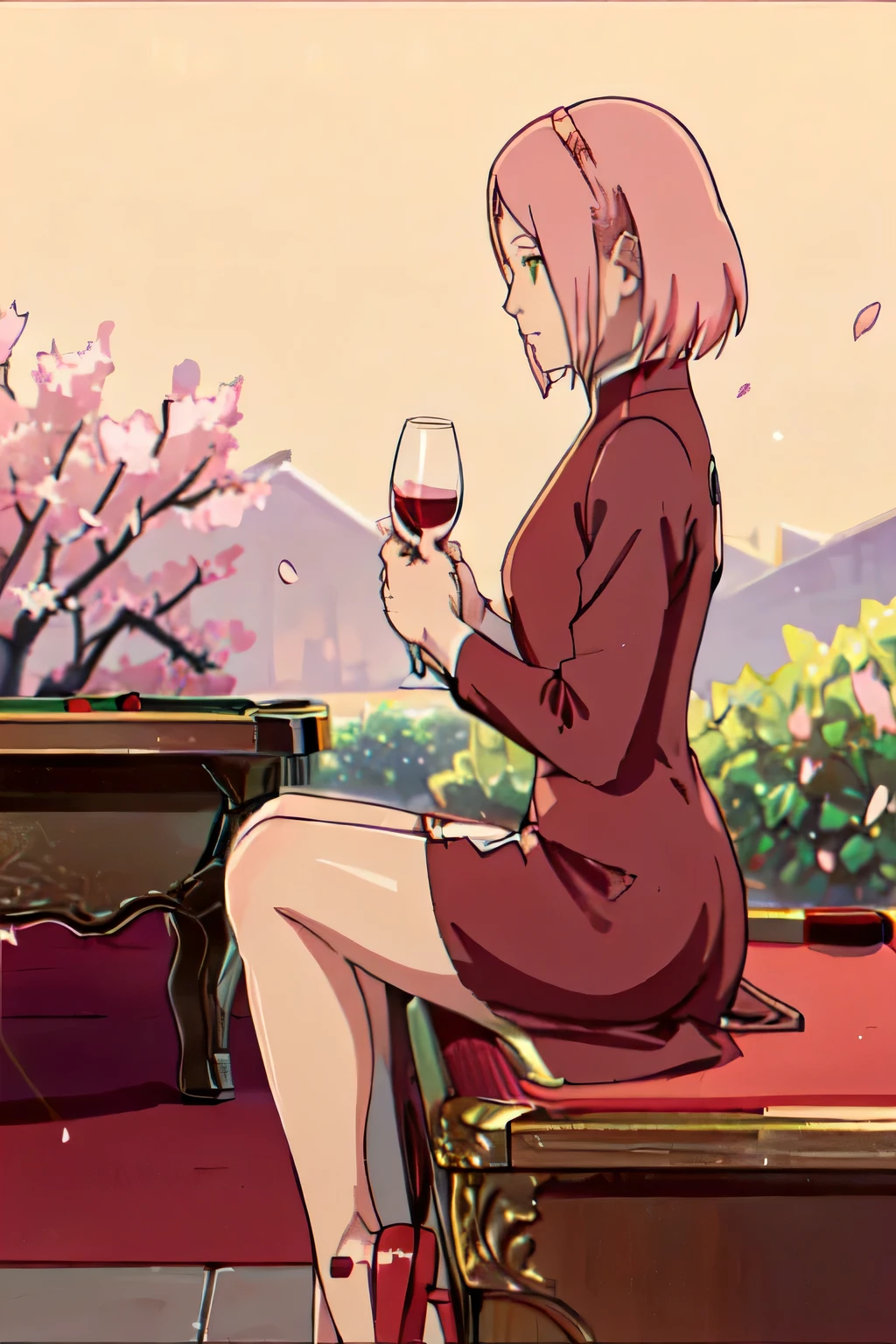 Madura sakura haruno, small breasts, piernas delgadas, (wearing a bright red satin dress), (Vista de perfil derecha mirando al horizonte.), (zapatillas rojas), (sentado en una mesa de billar), (Con una copa de vino), (with a melancholic and thoughtful look), (con cabello suelto y ondulado), (in a garden full of cherry blossoms), (with soft golden lighting).