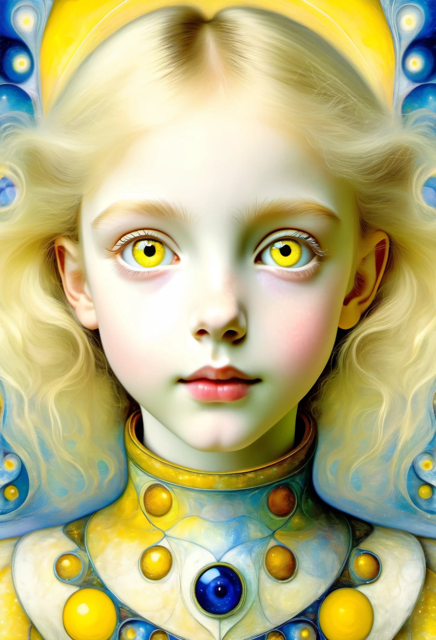 (young girl, , blond hair, pale skin), (yellow (eyes:1.2)), (slim build:1.3), (fantasy space suit), beautiful face, symmetrical face((Marc Chagall style)), magical naive art, primitivism, protogenes,((Best quality, masterpiece)),
(Higher detail), Impressionism:1.1, 8k
