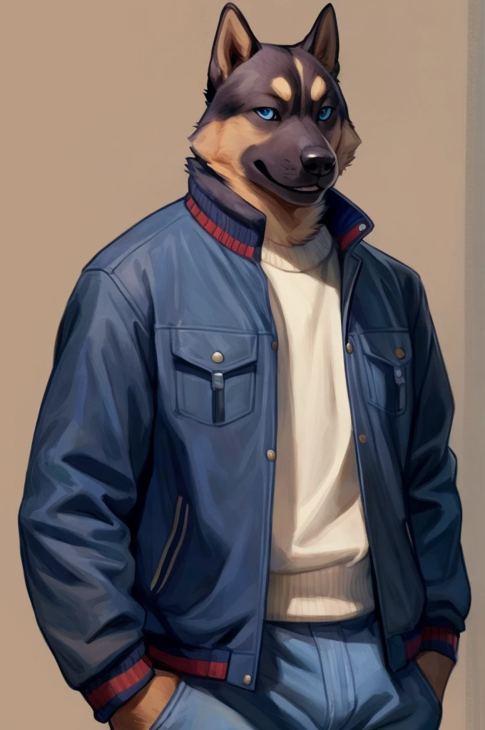 By bebebebebe, By glitter trap boy, solo, male, canine, ((snout, hair)), akita inu, dark fur, looking at viewer, smiling, blue eyes, standing, jacket, jeans, gucci